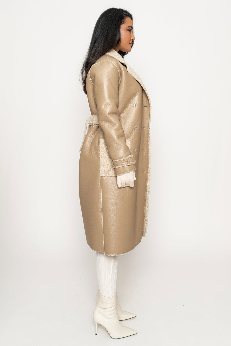 Beige/Ivory Sherpa And Faux Leather Coat