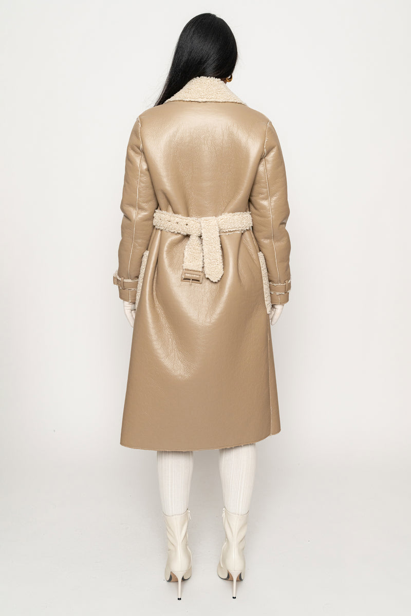 Beige/Ivory Sherpa And Faux Leather Coat