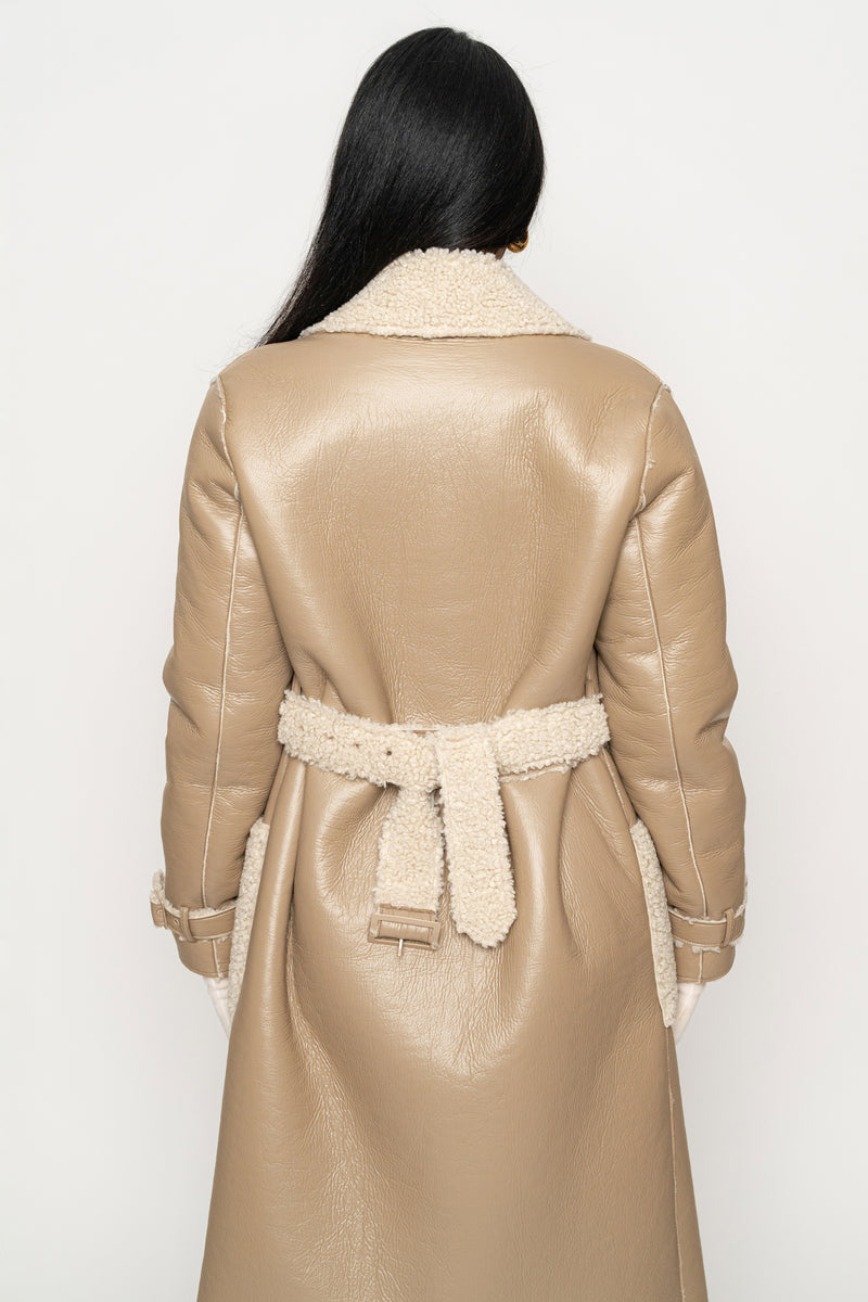 Beige/Ivory Sherpa And Faux Leather Coat