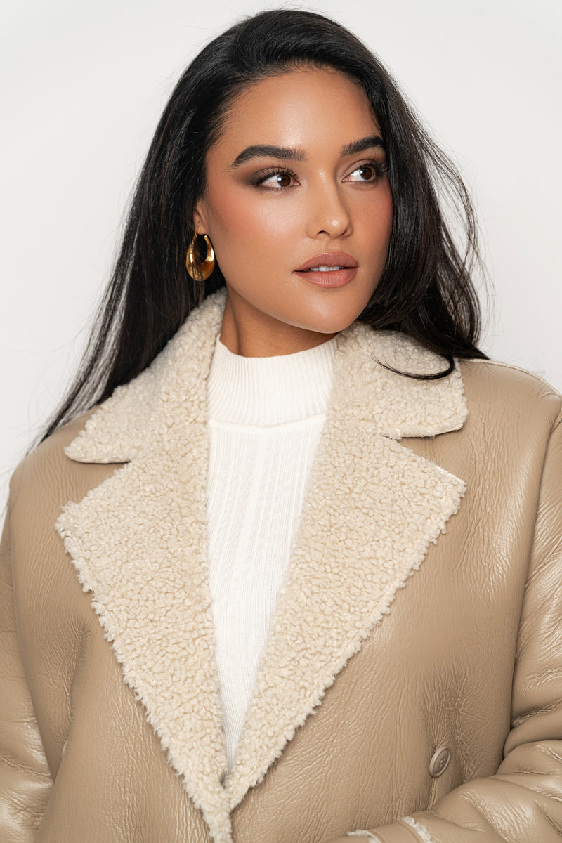 Beige/Ivory Sherpa And Faux Leather Coat