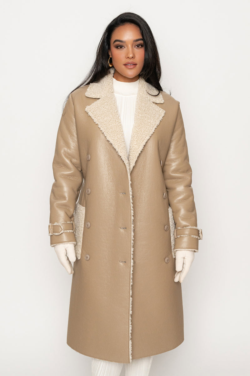 Beige/Ivory Sherpa And Faux Leather Coat