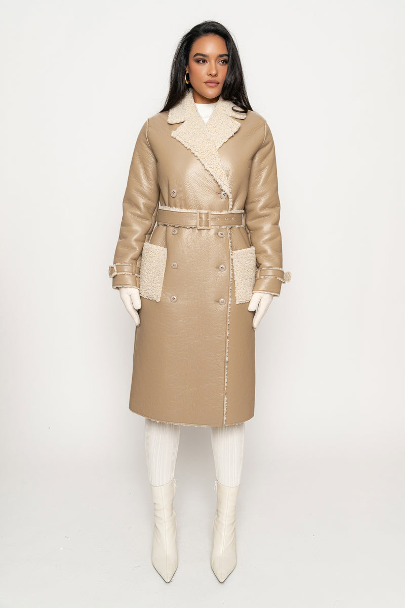 Beige/Ivory Sherpa And Faux Leather Coat