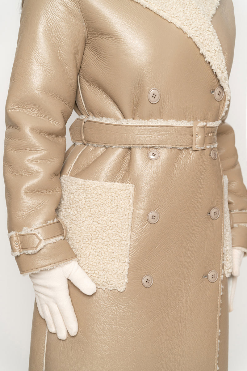 Beige/Ivory Sherpa And Faux Leather Coat