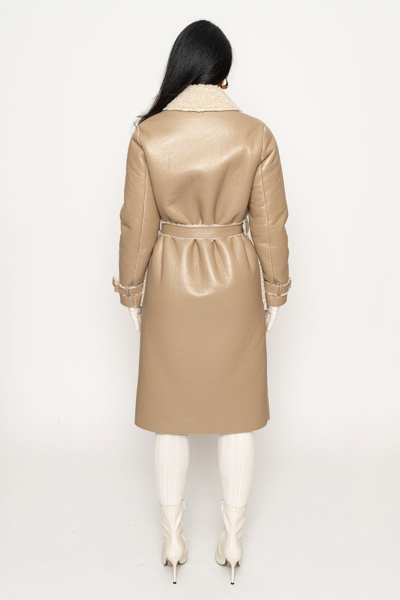 Beige/Ivory Sherpa And Faux Leather Coat