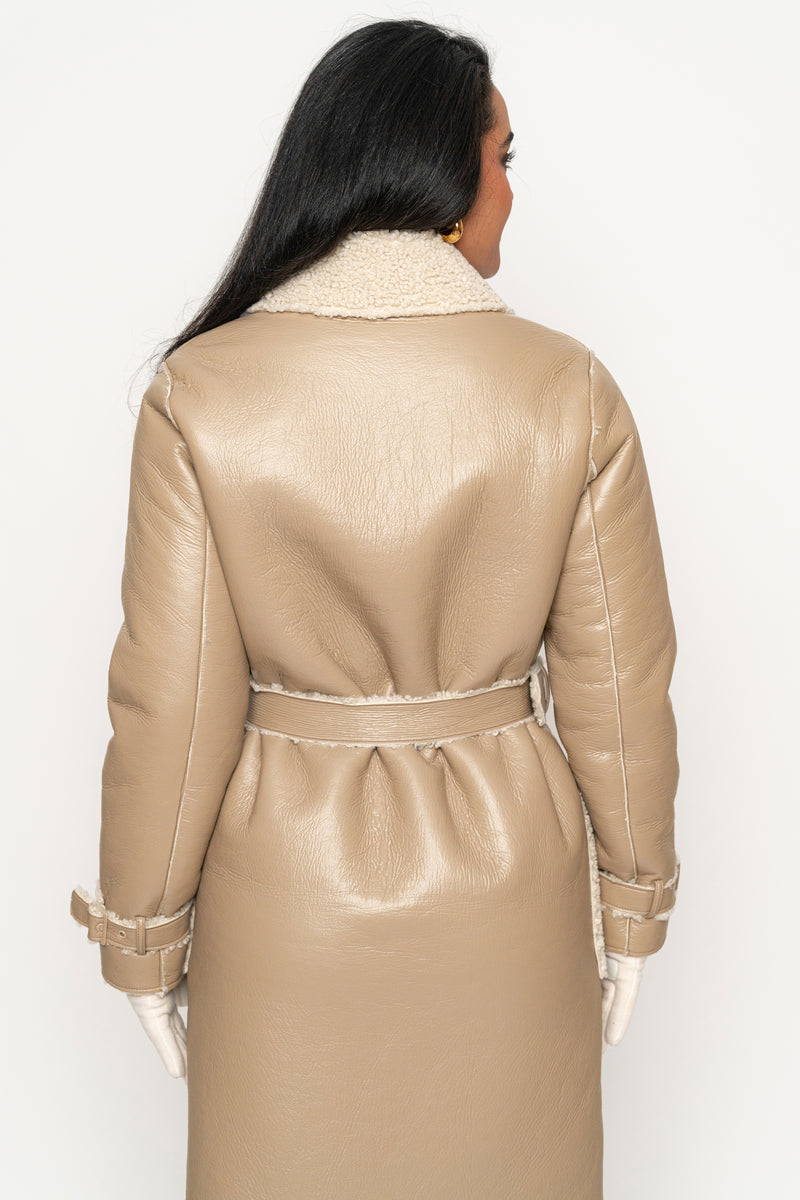 Beige/Ivory Sherpa And Faux Leather Coat