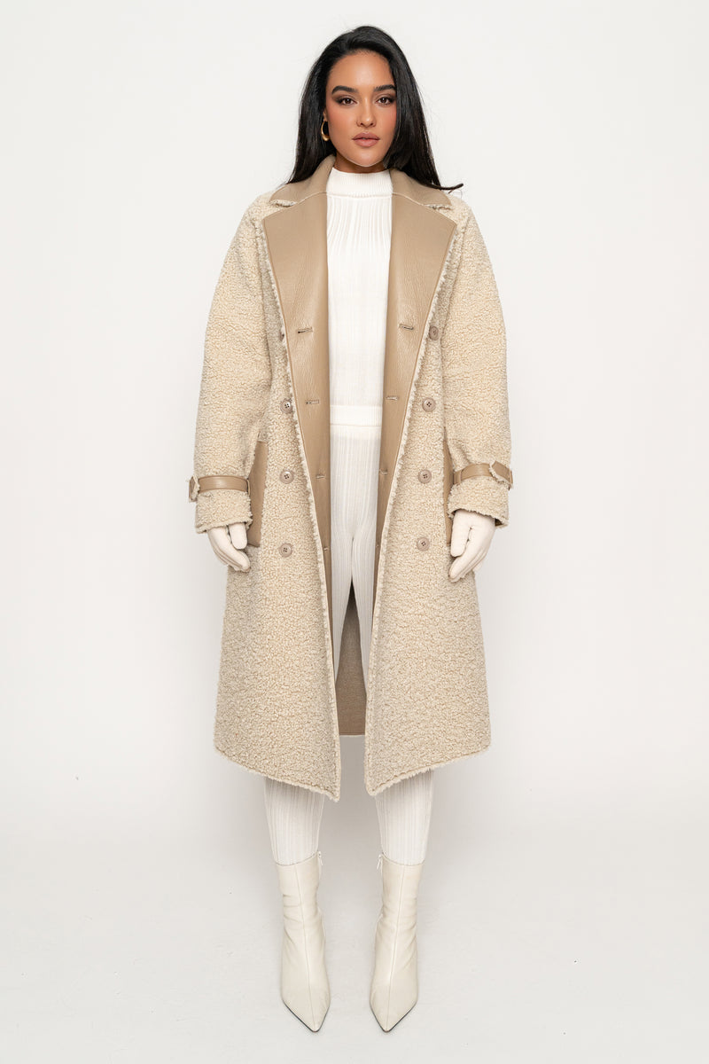 Beige/Ivory Sherpa And Faux Leather Coat