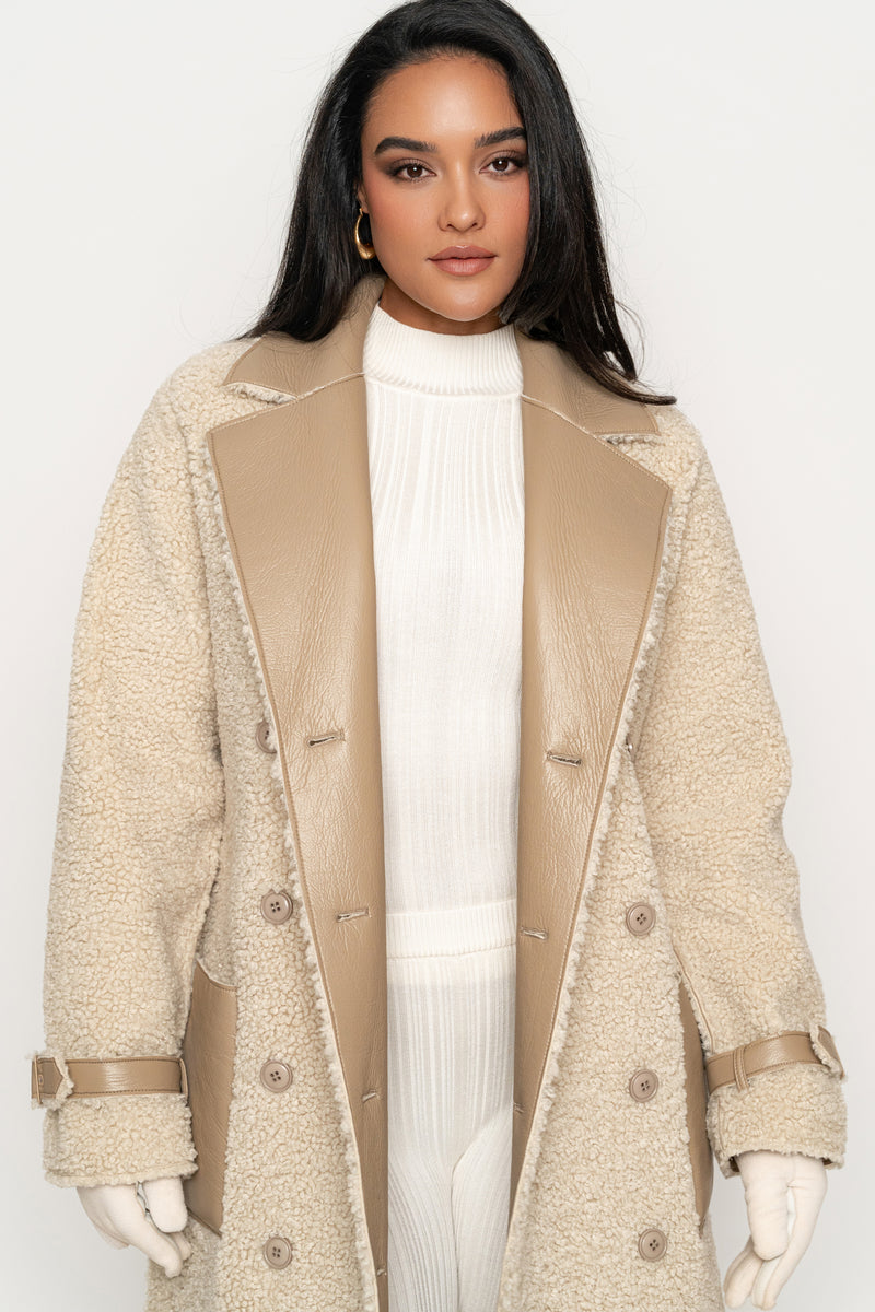 Beige/Ivory Sherpa And Faux Leather Coat