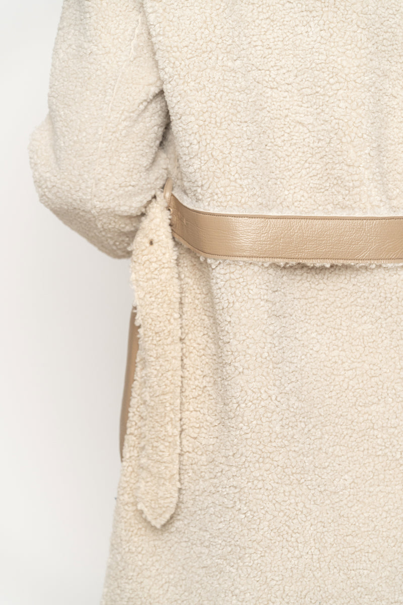 Beige/Ivory Sherpa And Faux Leather Coat