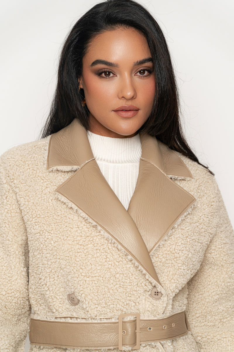 Beige/Ivory Sherpa And Faux Leather Coat