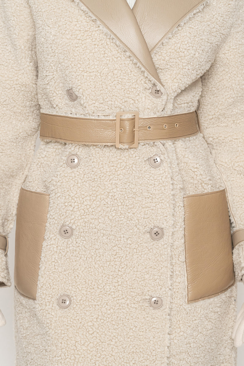 Beige/Ivory Sherpa And Faux Leather Coat