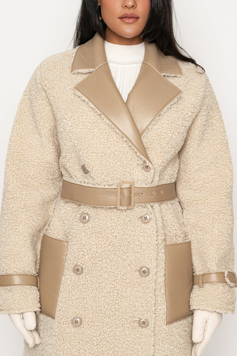 Beige/Ivory Sherpa And Faux Leather Coat