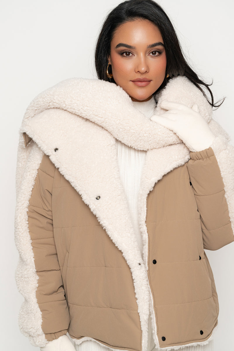 Beige/Ivory Contrast Sherpa Jacket