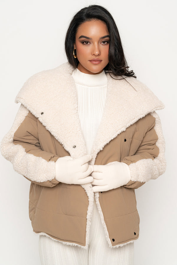 Beige/Ivory Contrast Sherpa Jacket