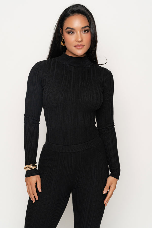 Black Ribbed Mock Neck Top