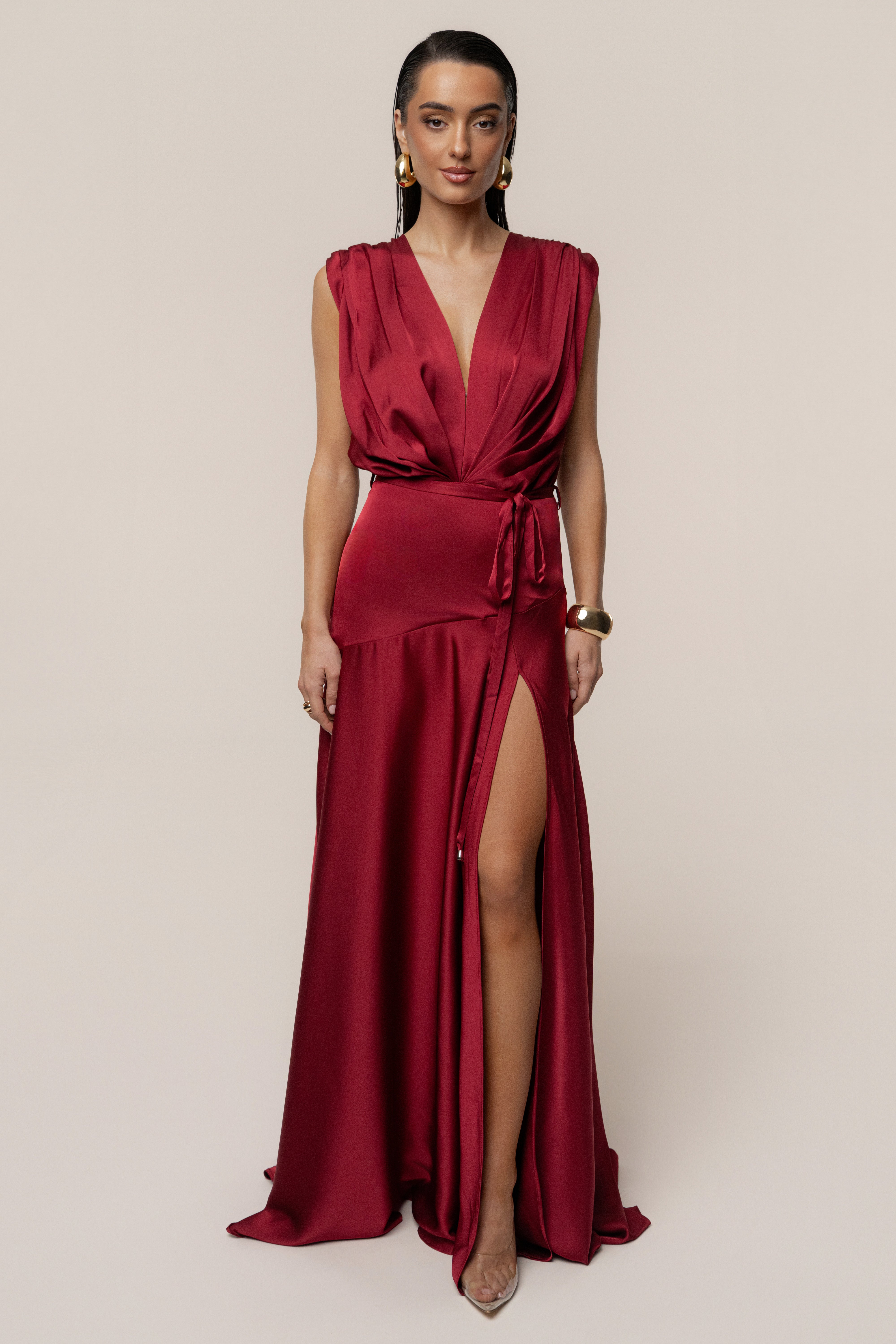 Red Amalia Satin Maxi Dress - JLUXLABEL