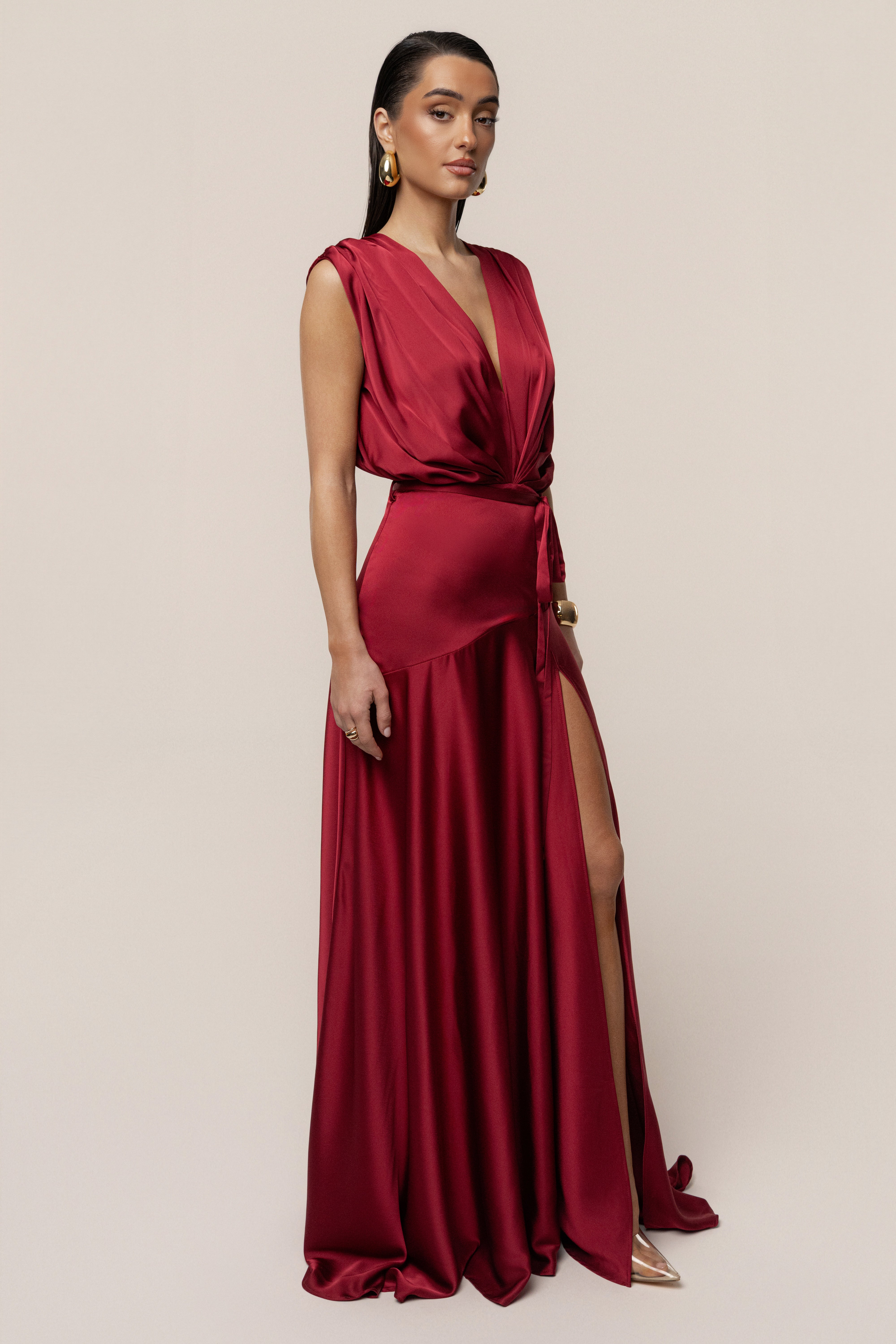 Red Amalia Satin Maxi Dress - JLUXLABEL