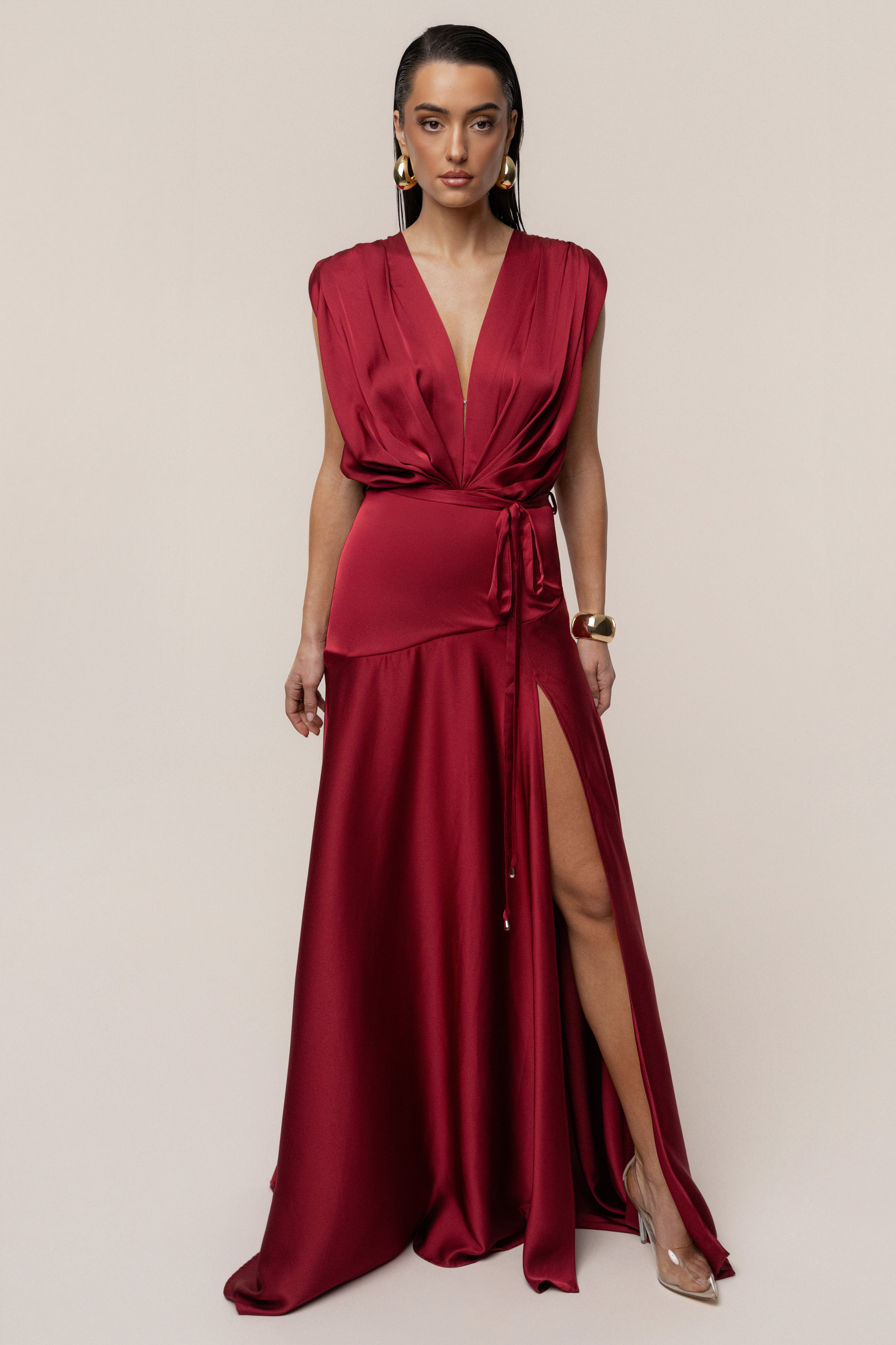Red Amalia Satin Maxi Dress - JLUXLABEL