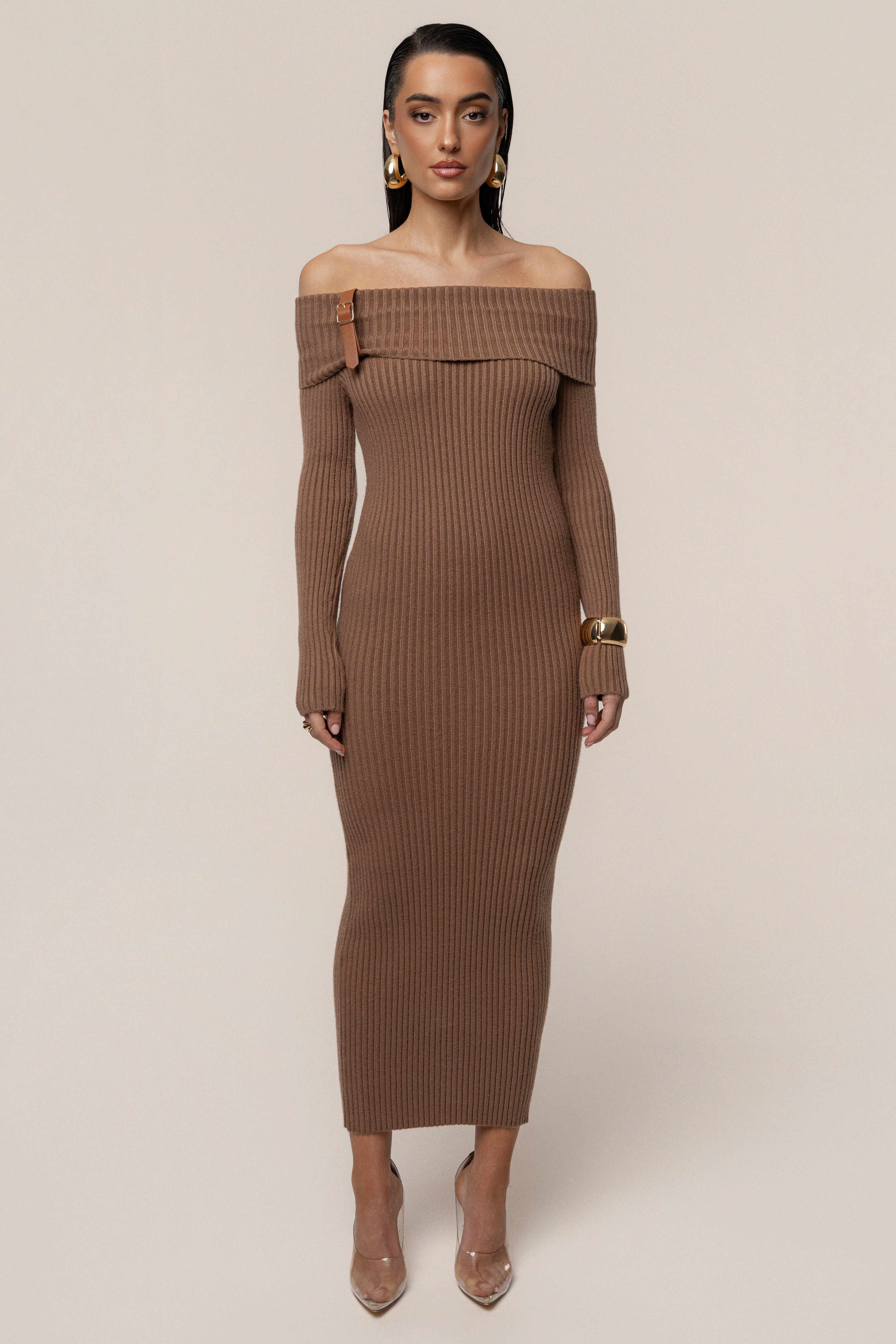 Tan Kira Ribbed Midi Dress
