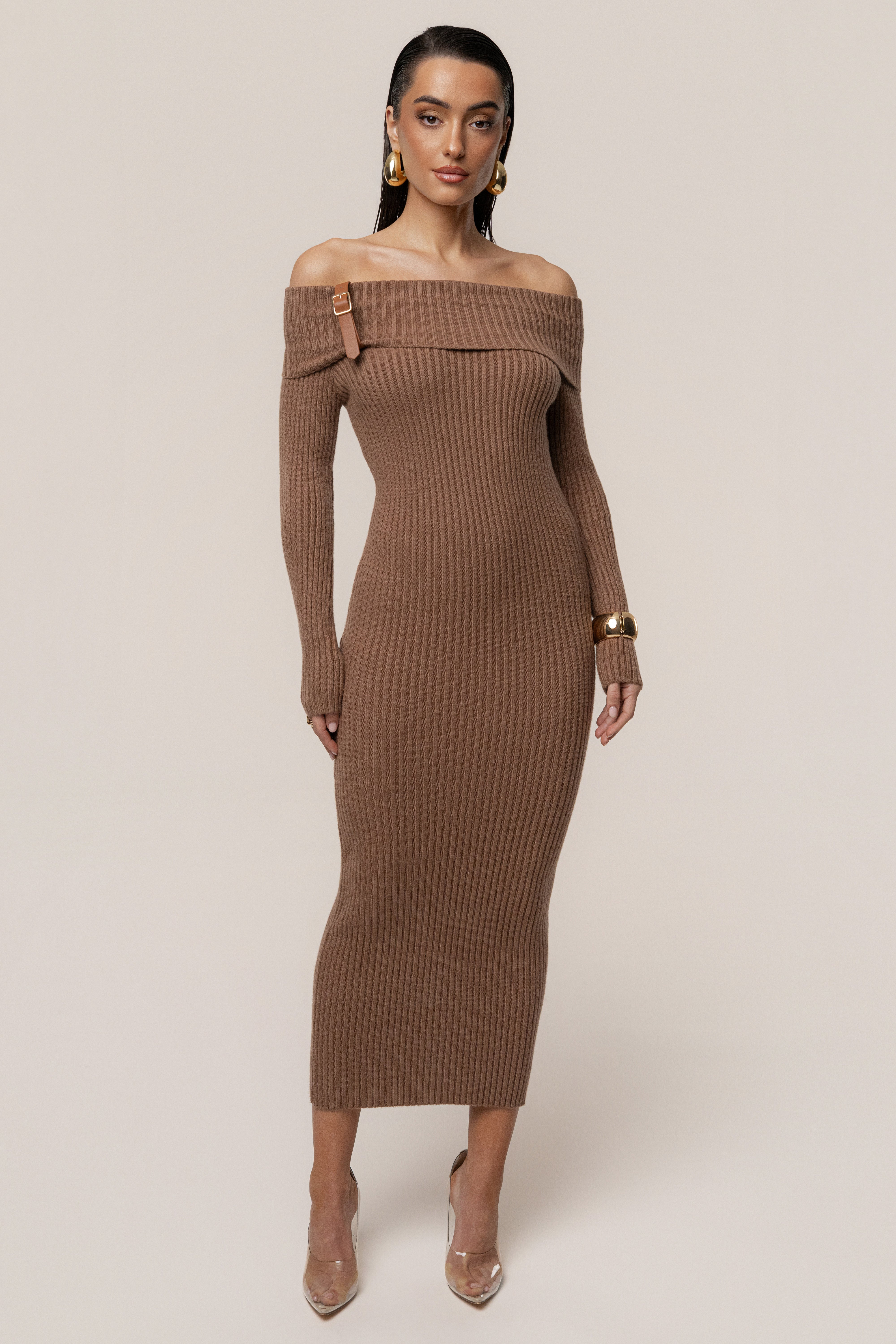 Tan Kira Ribbed Midi Dress - JLUXLABEL