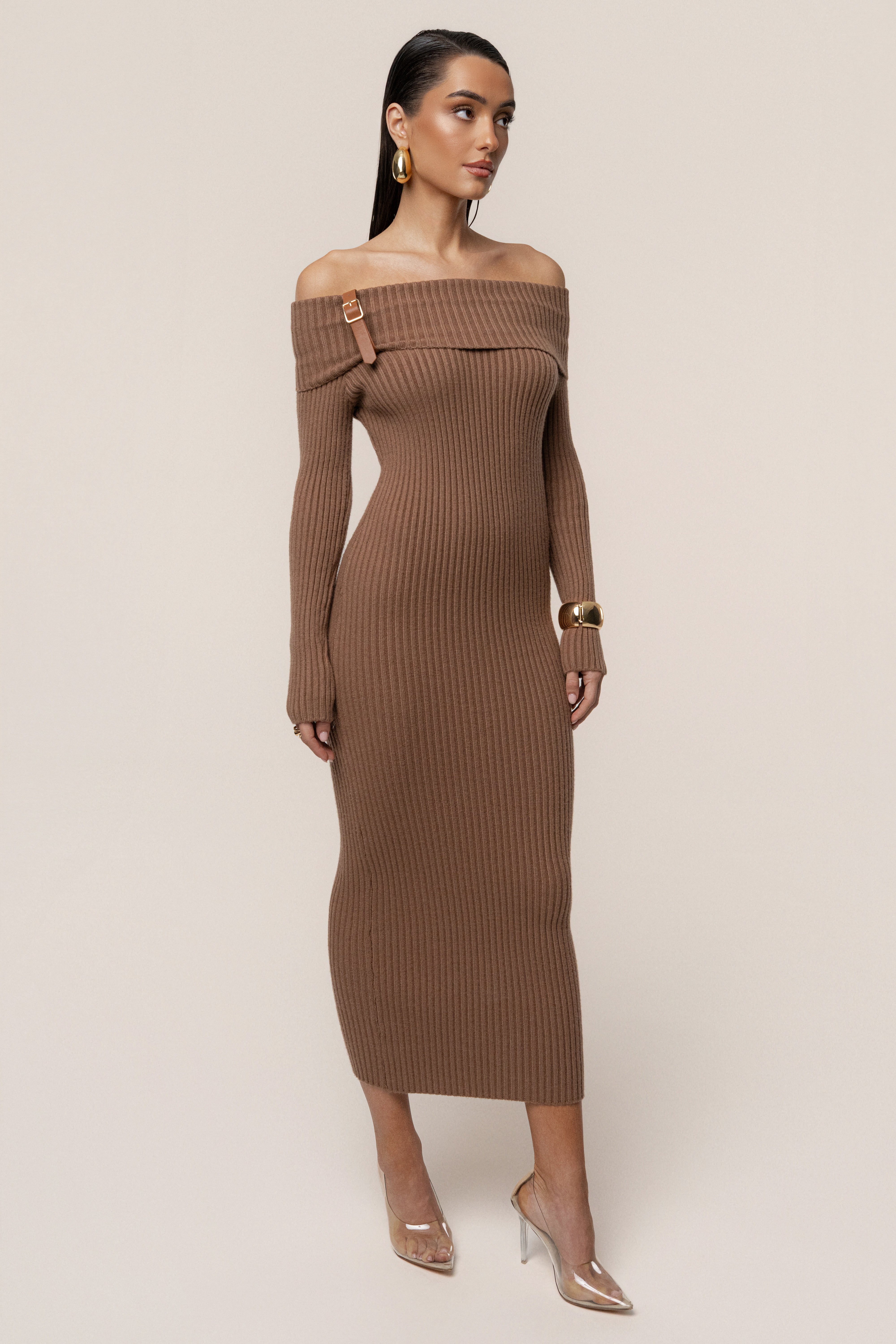 Tan Kira Ribbed Midi Dress