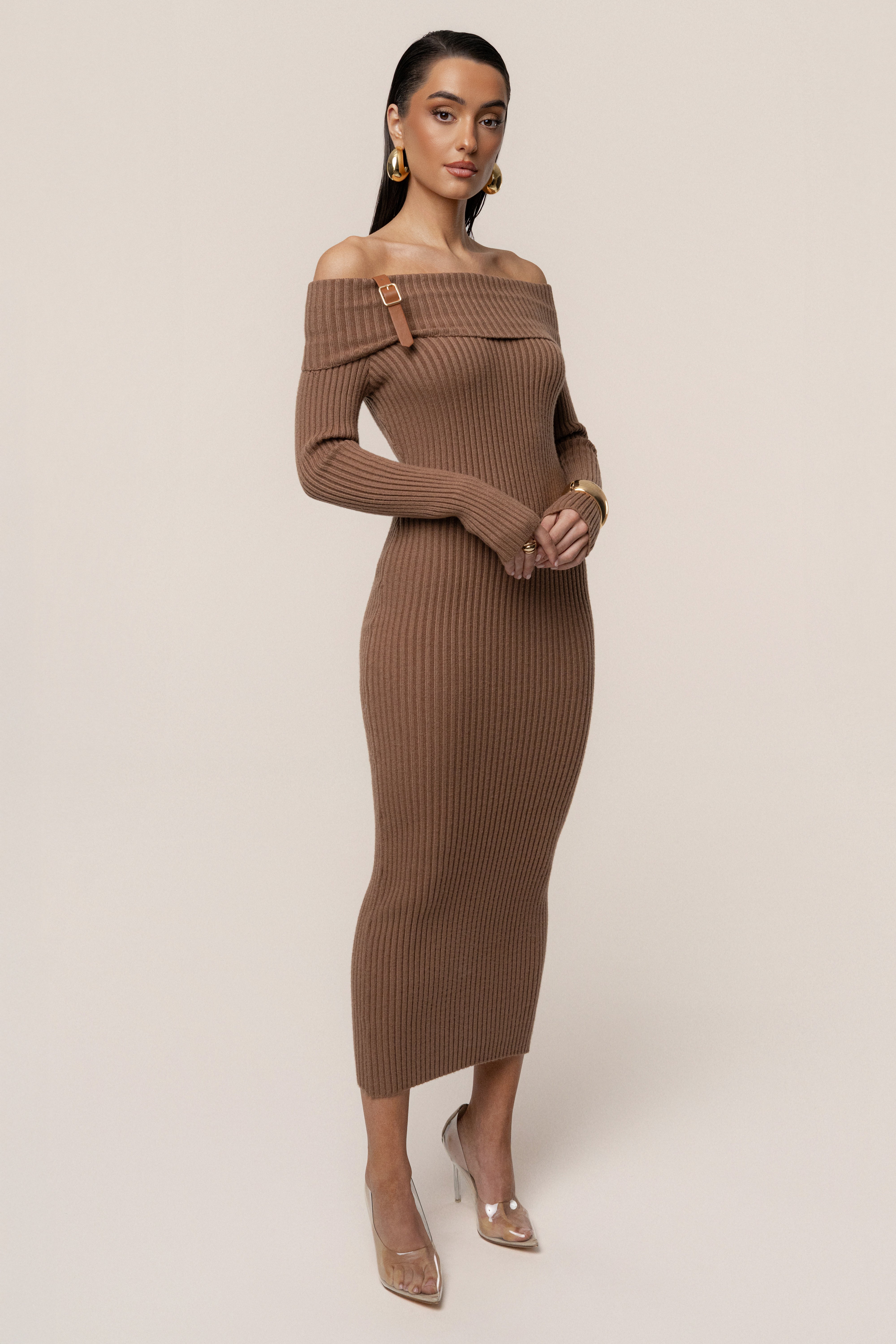 Tan Kira Ribbed Midi Dress