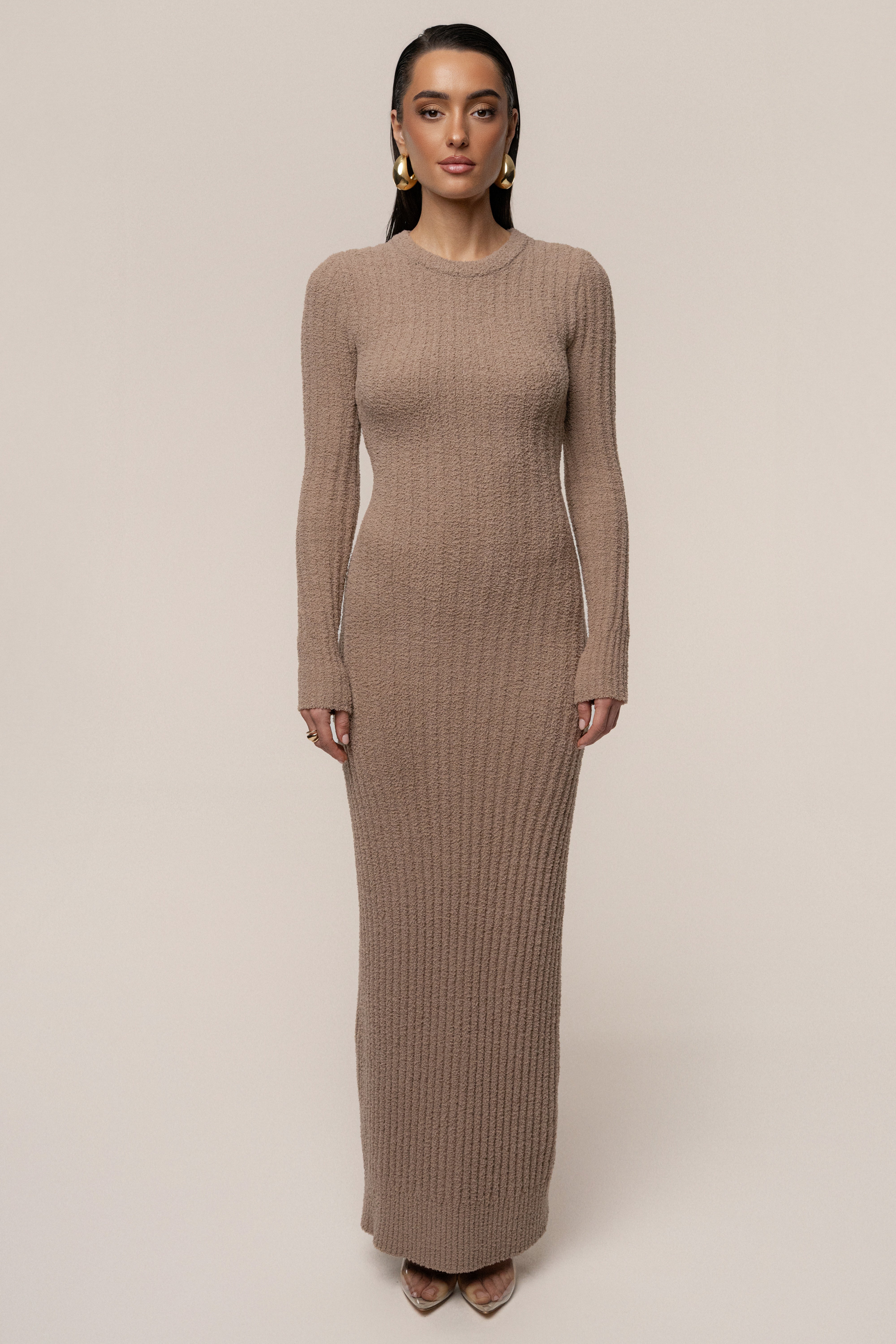 Taupe First Class Ribbed Maxi Dress
