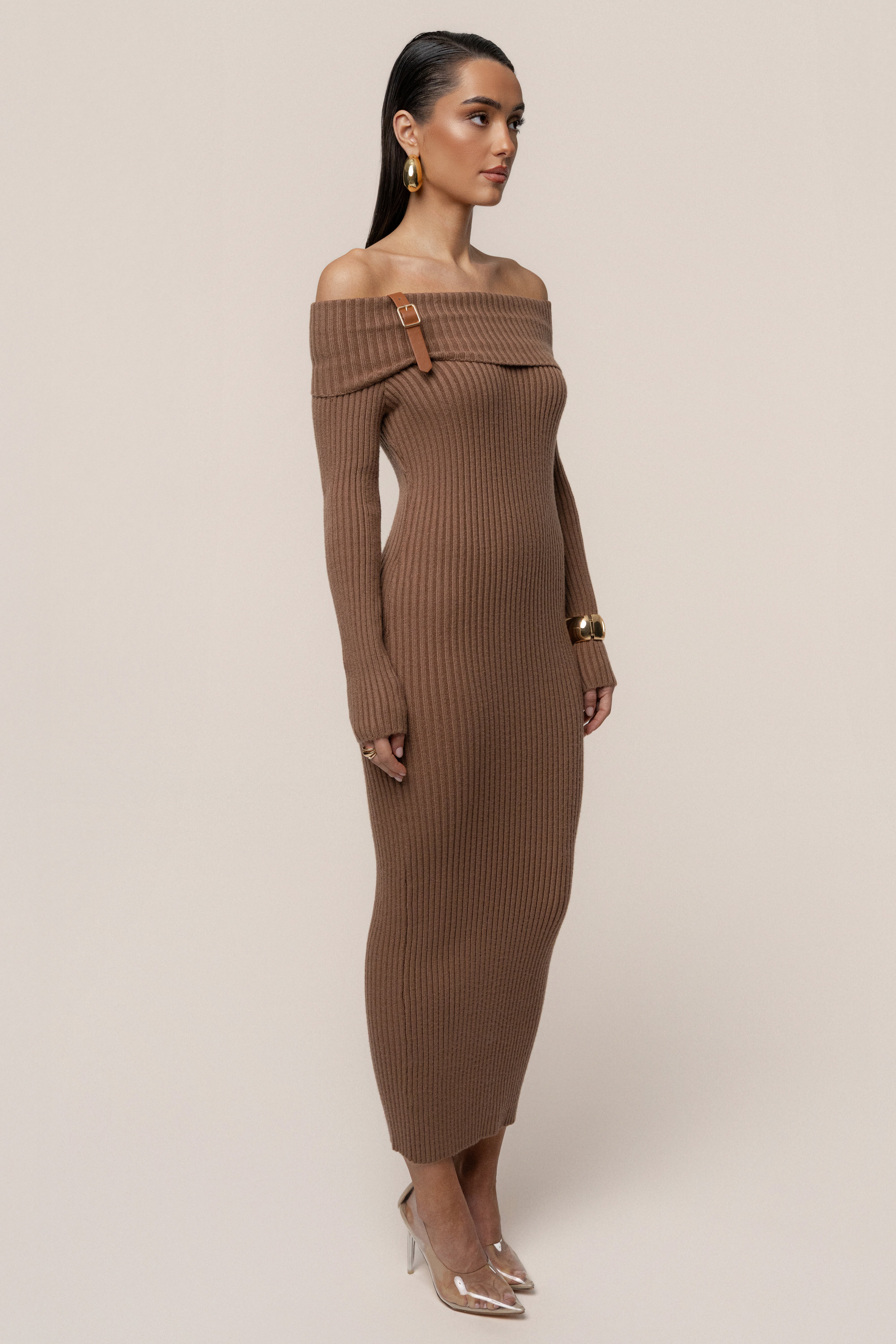Tan Kira Ribbed Midi Dress