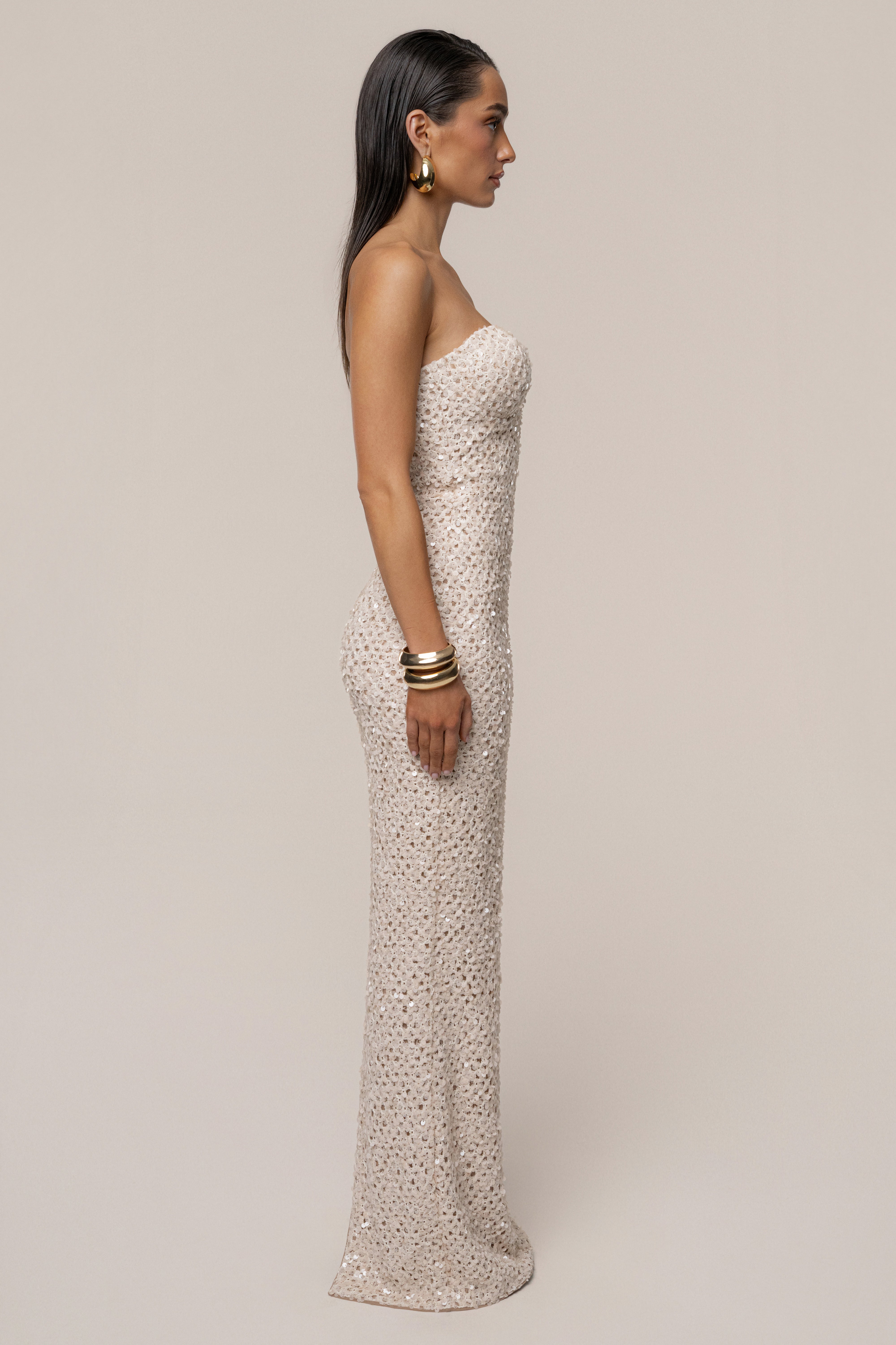 PRE-ORDER Beige Jewel Opulence Sequin Dress