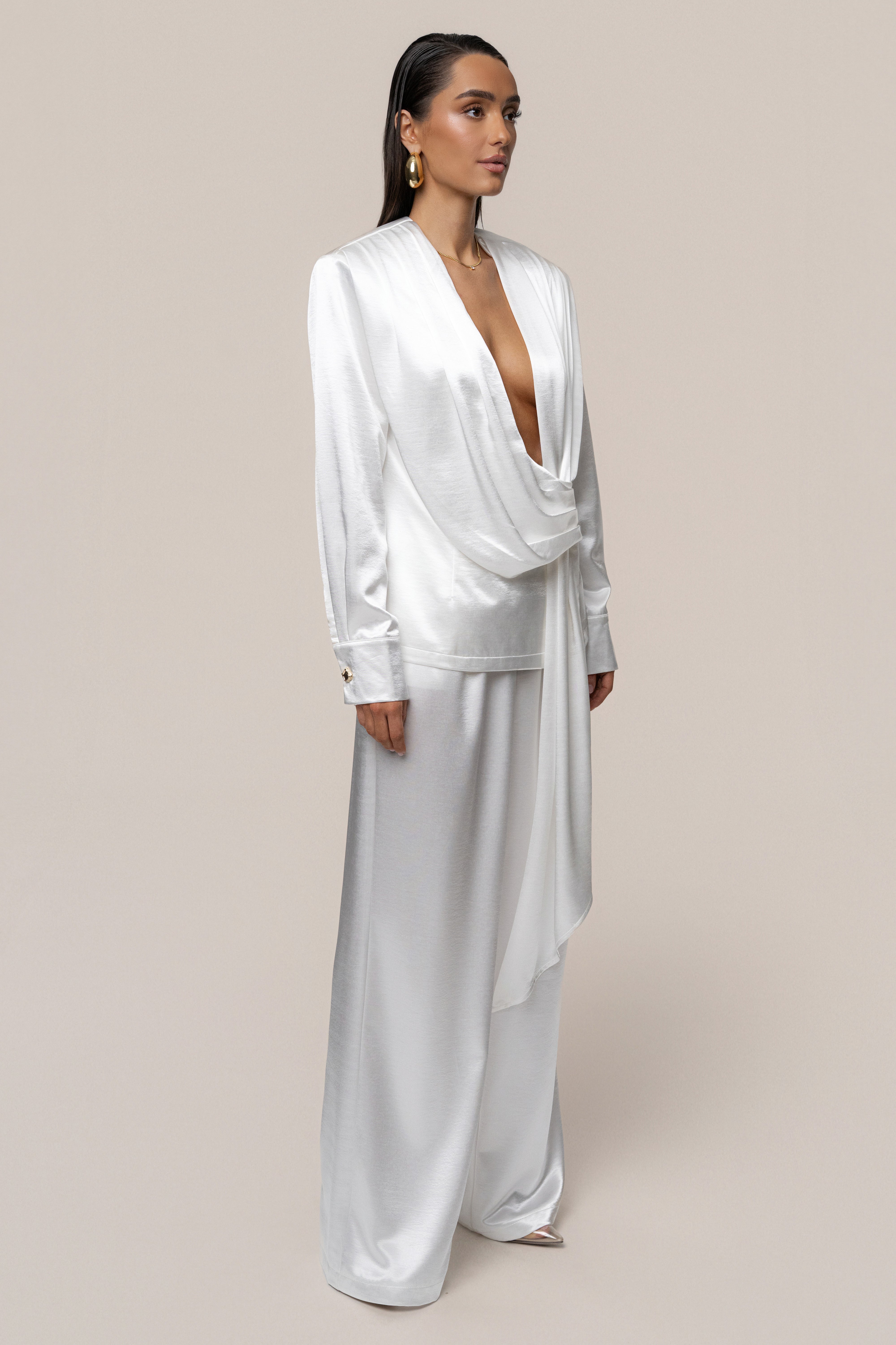 White Statement Draped Satin Top