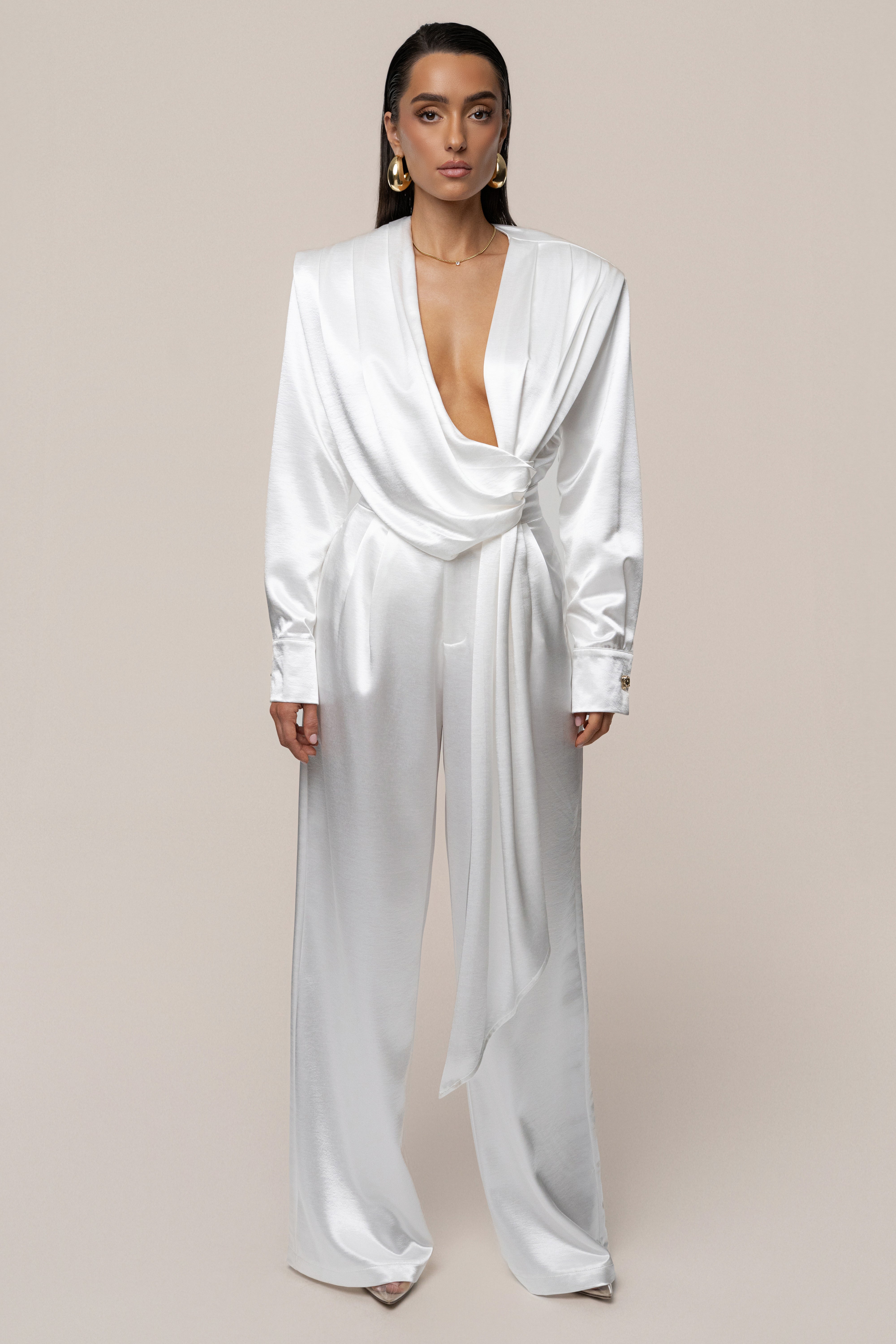 dydoshopバースドレープトップ 25ss draped topシズニルック White Statement Draped Satin Top