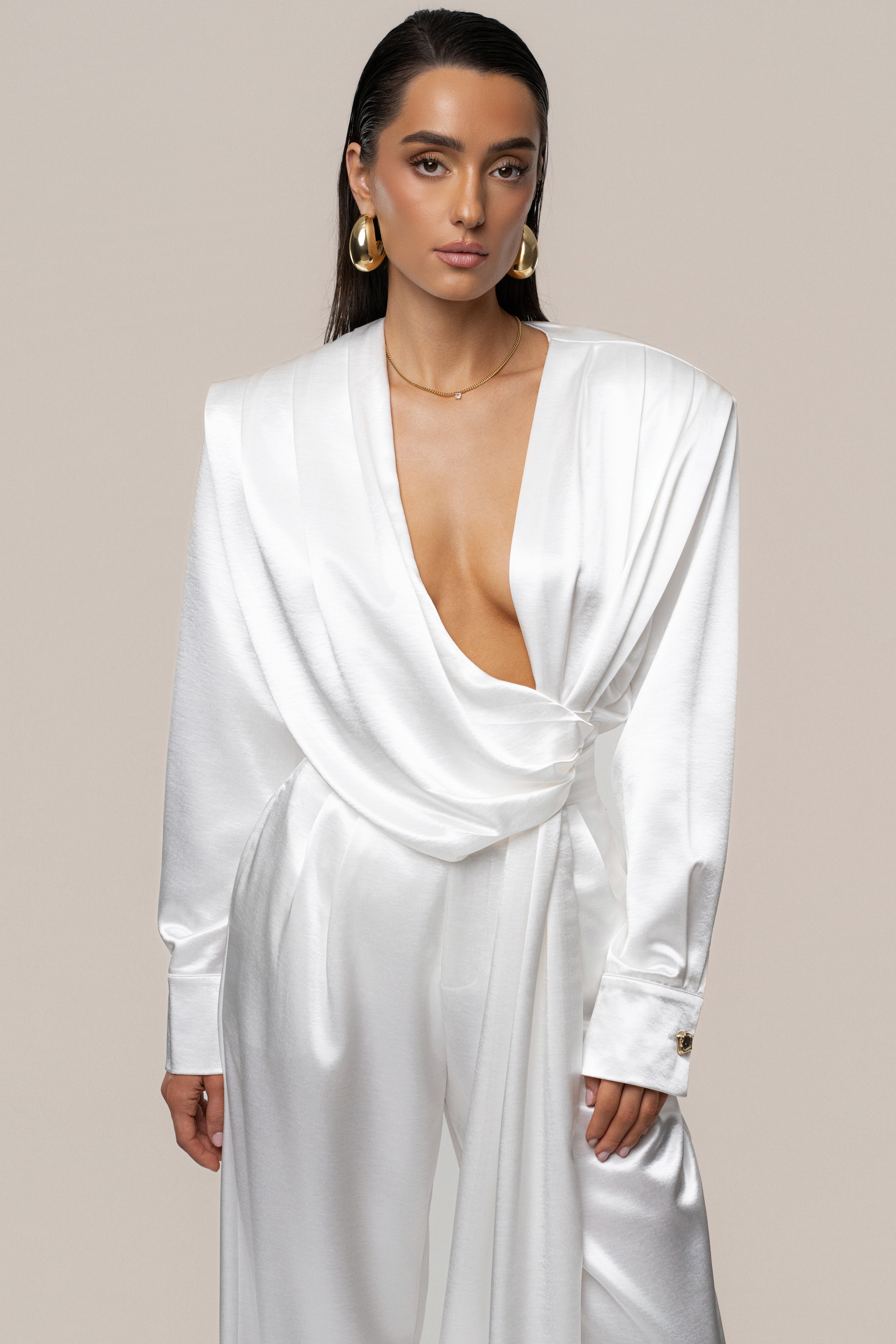 White Statement Draped Satin Top - JLUXLABEL