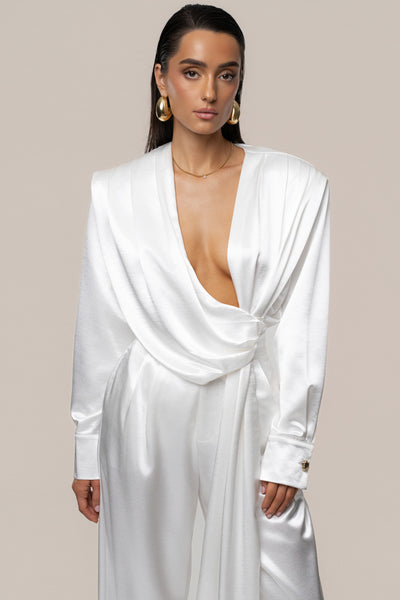 White Statement Draped Satin Top