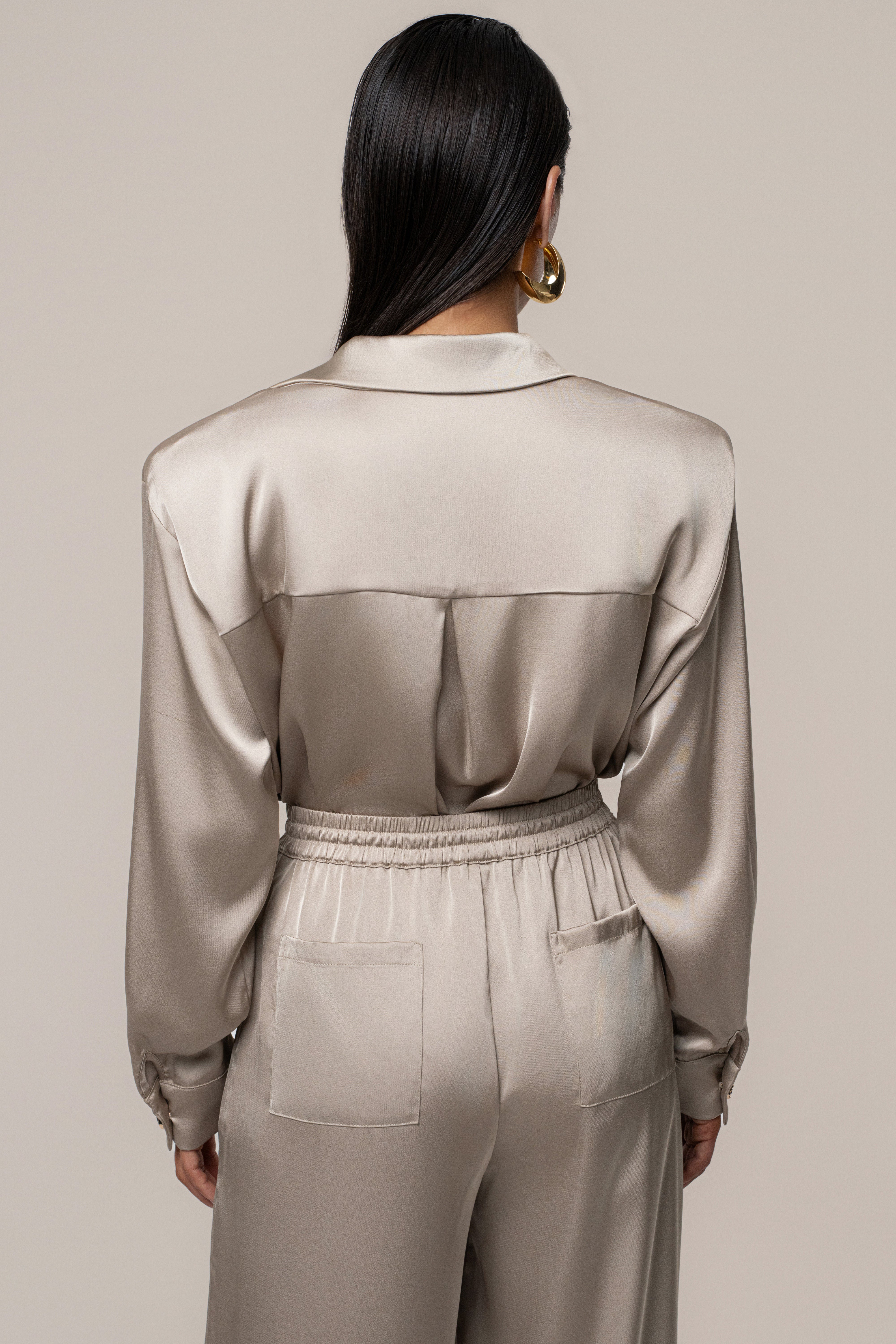 Beige Island Ease Collared Satin Top