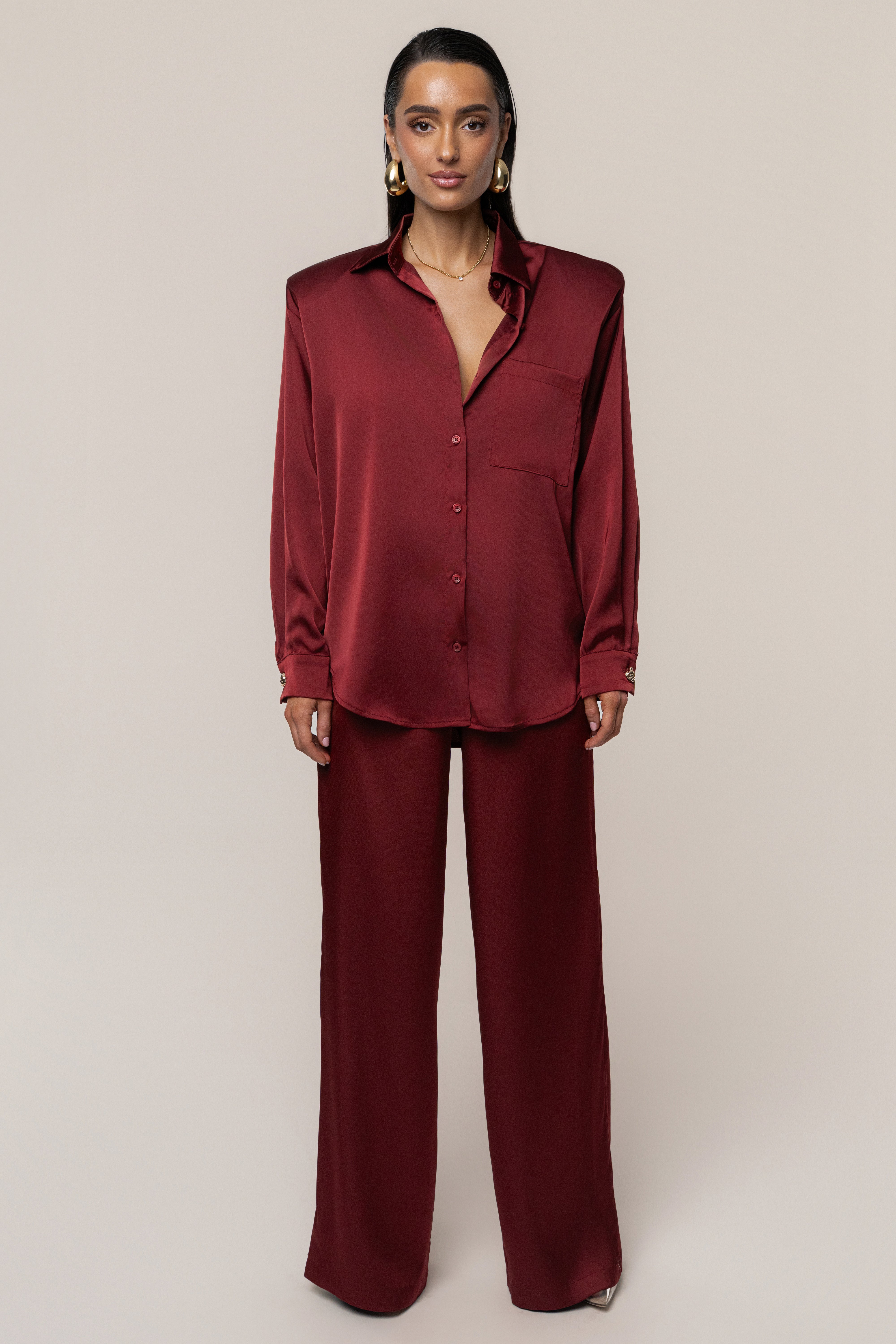 Burgundy Island Ease Collared Satin Top