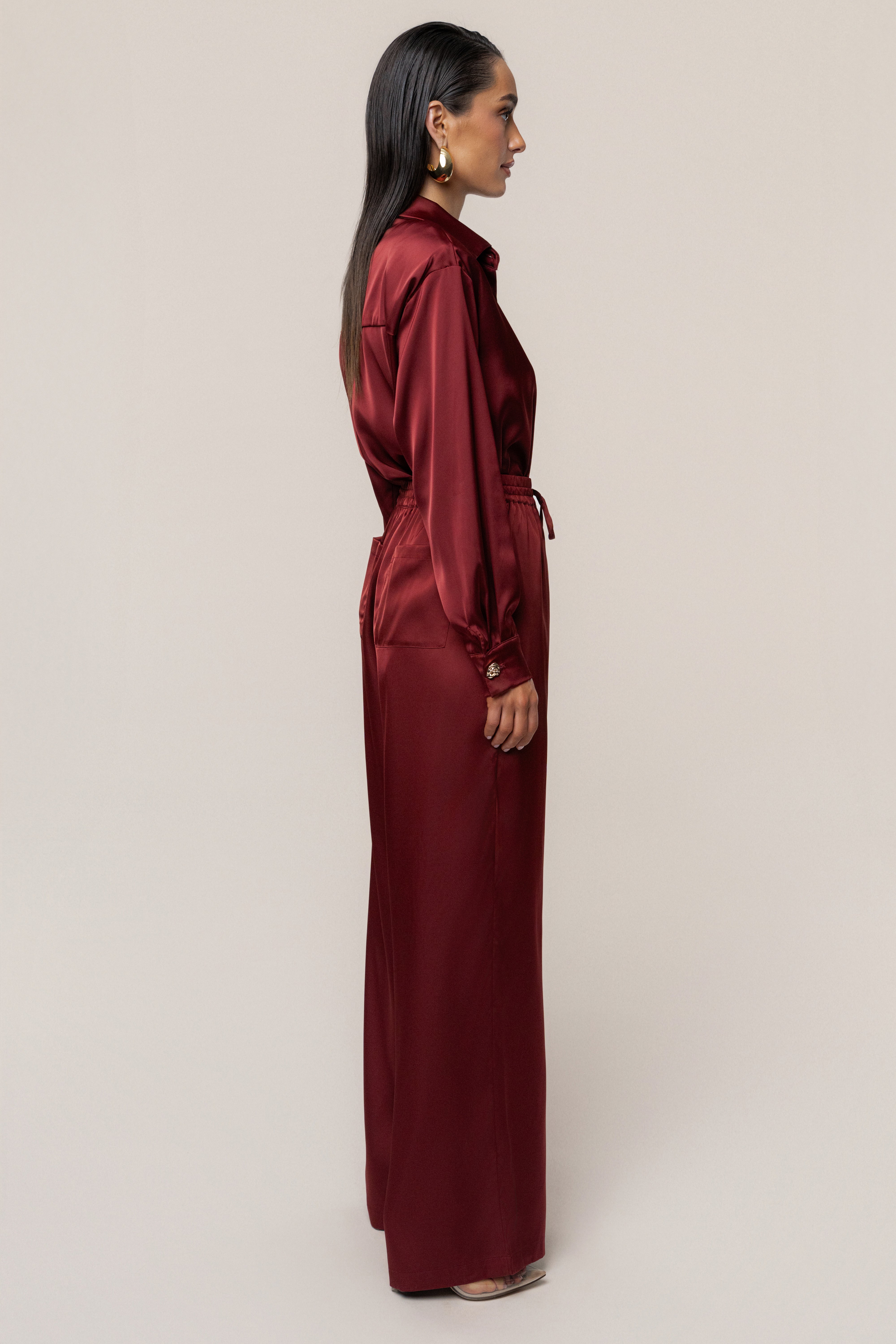 Burgundy Island Ease Collared Satin Top