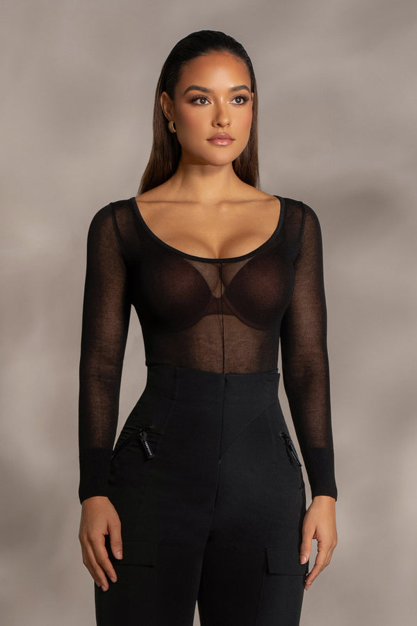 Black Nerida Sheer Knit Bodysuit - JLUXLABEL