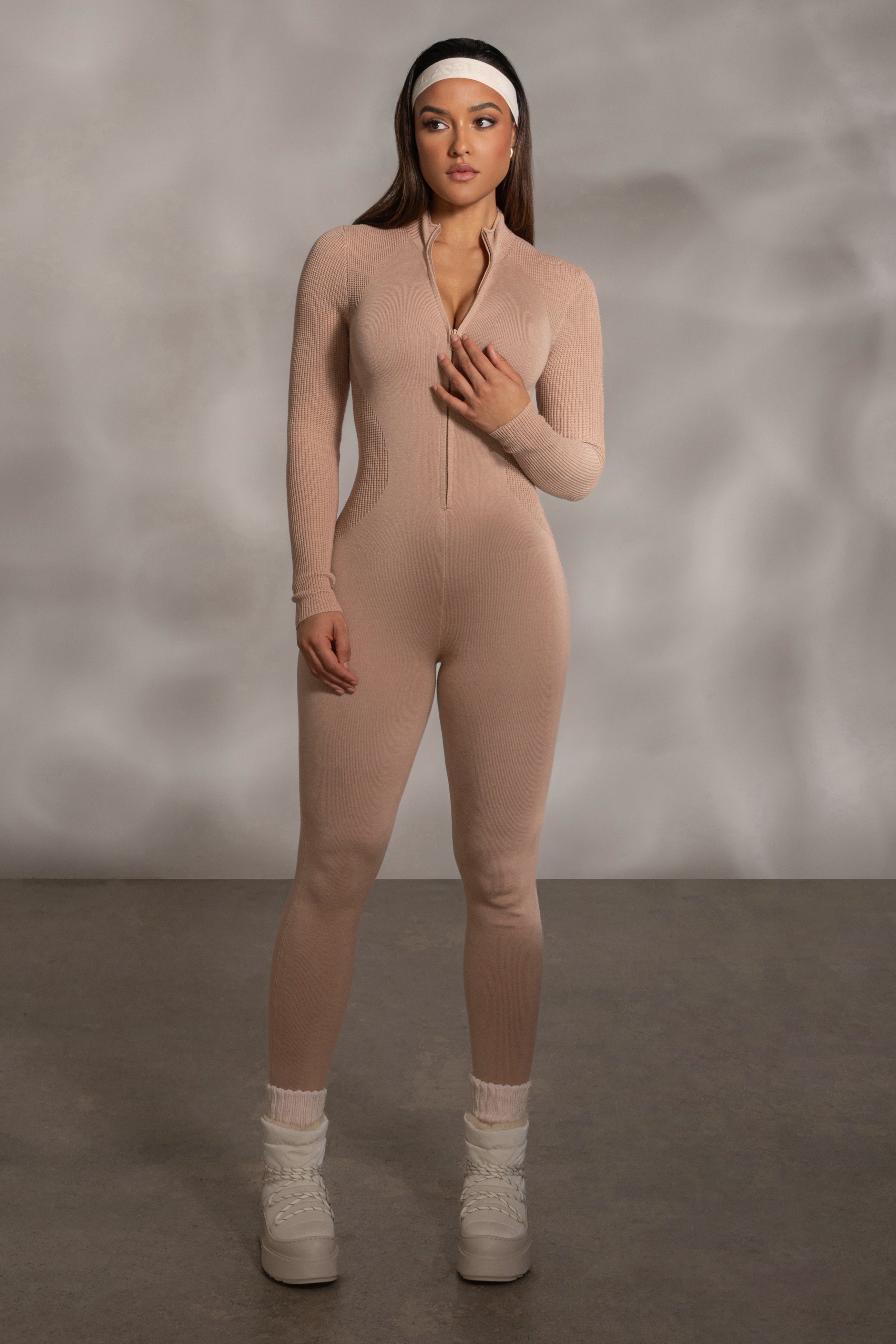 BEIGE ZIP-FRONT JUMPSUIT WITH NEON CONTRAST PIPING