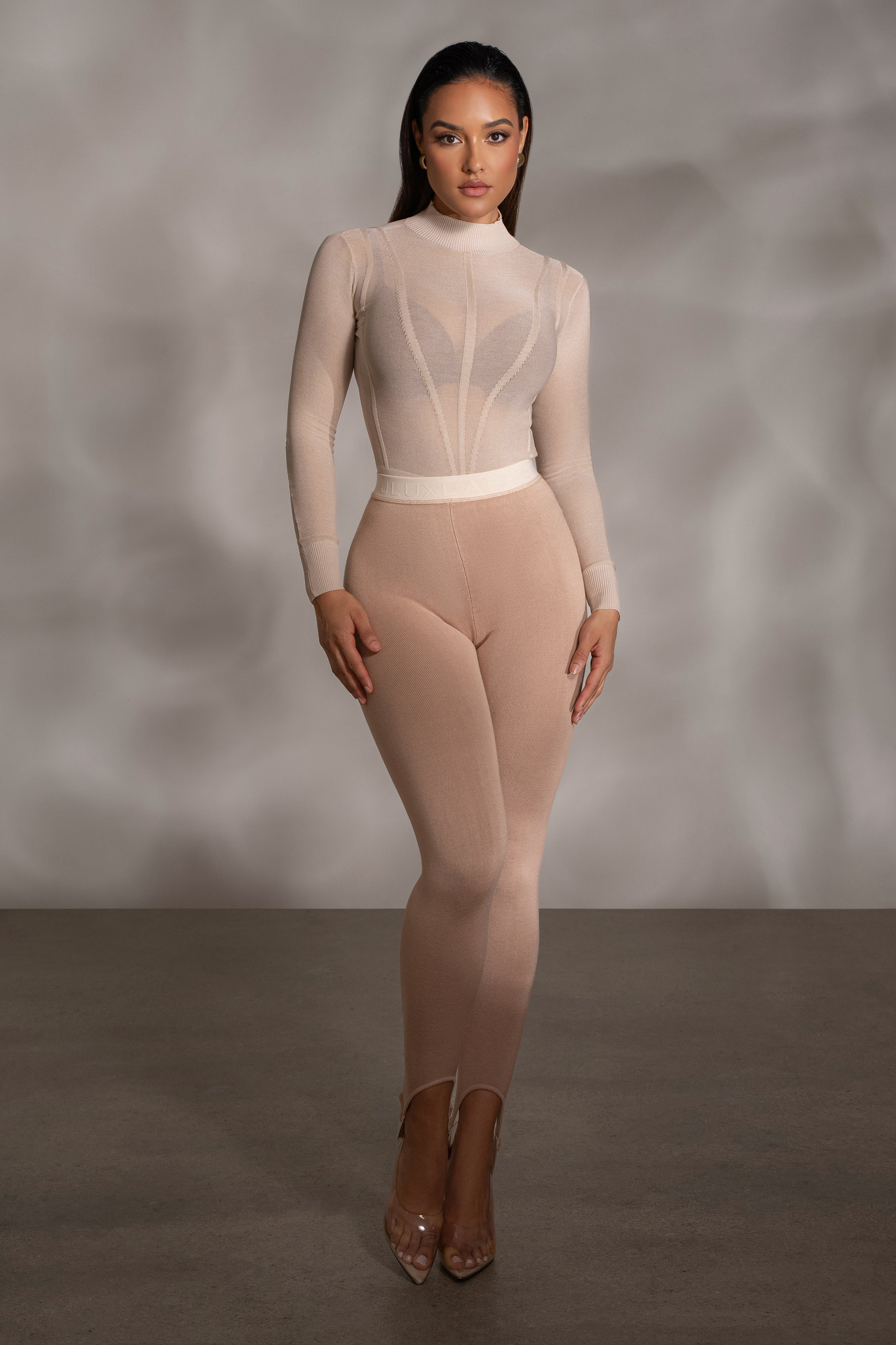 Beige Lori Sheer Knit Bodysuit - JLUXLABEL