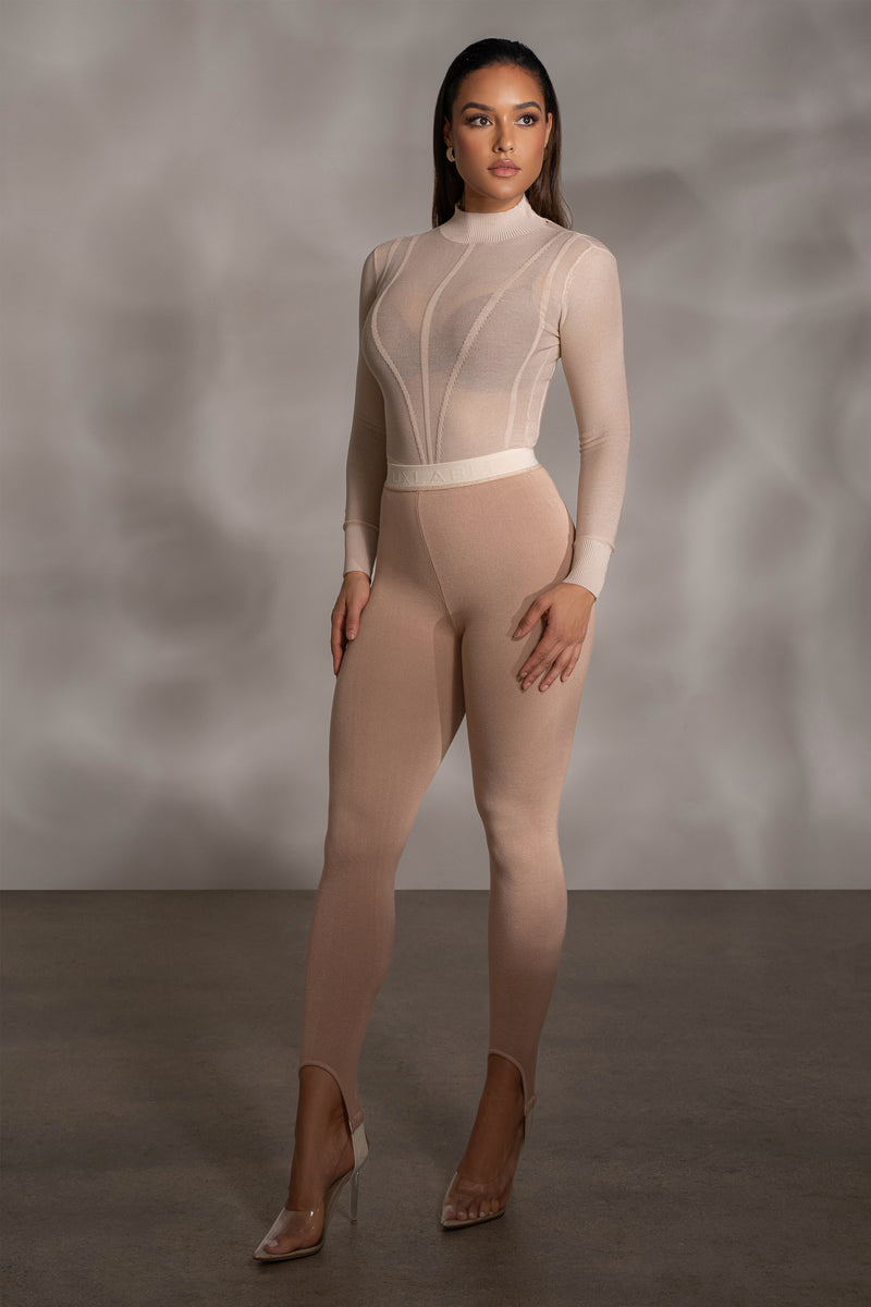 Beige Lori Sheer Knit Bodysuit - JLUXLABEL