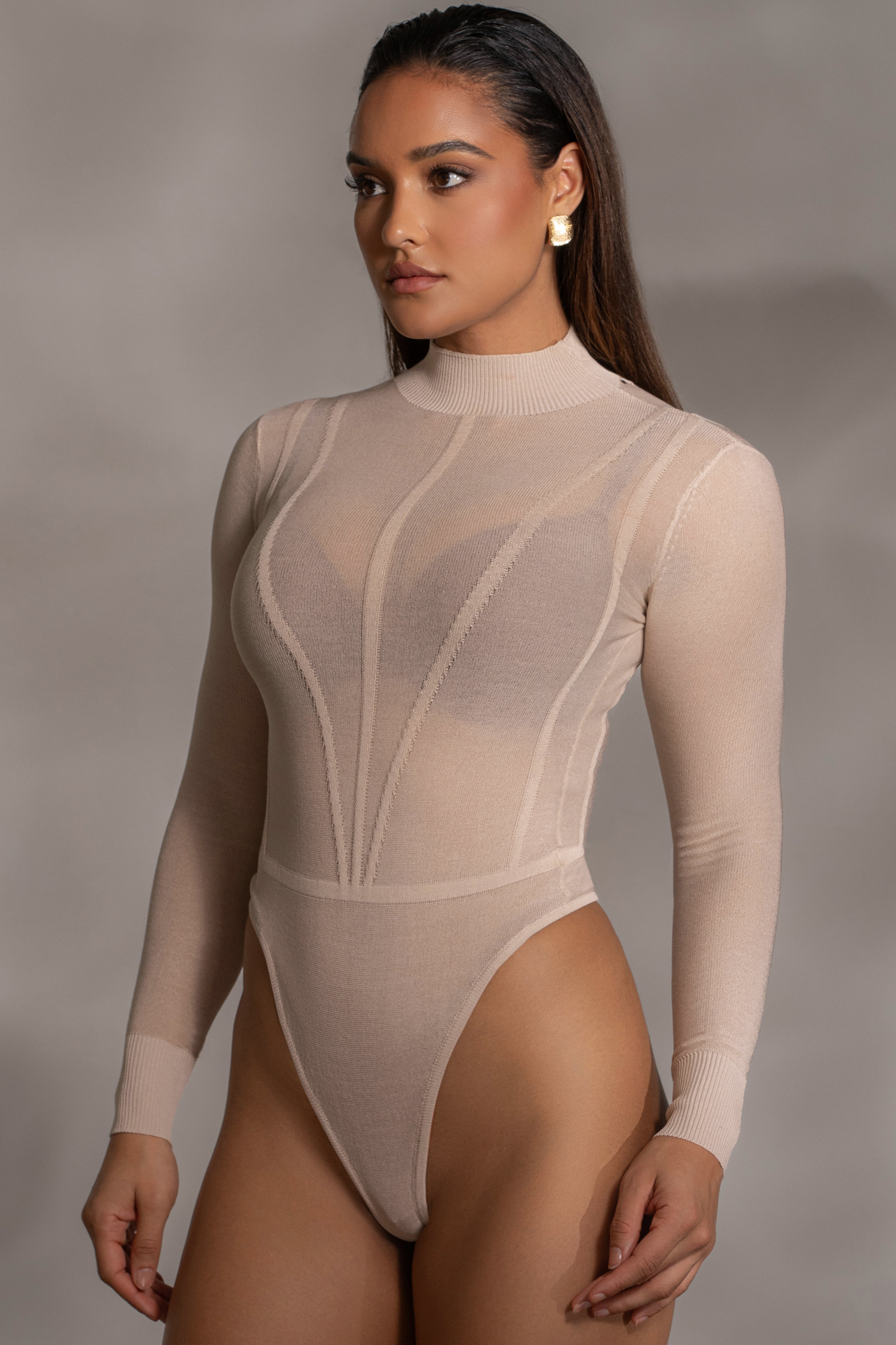 Beige Lori Sheer Knit Bodysuit - JLUXLABEL