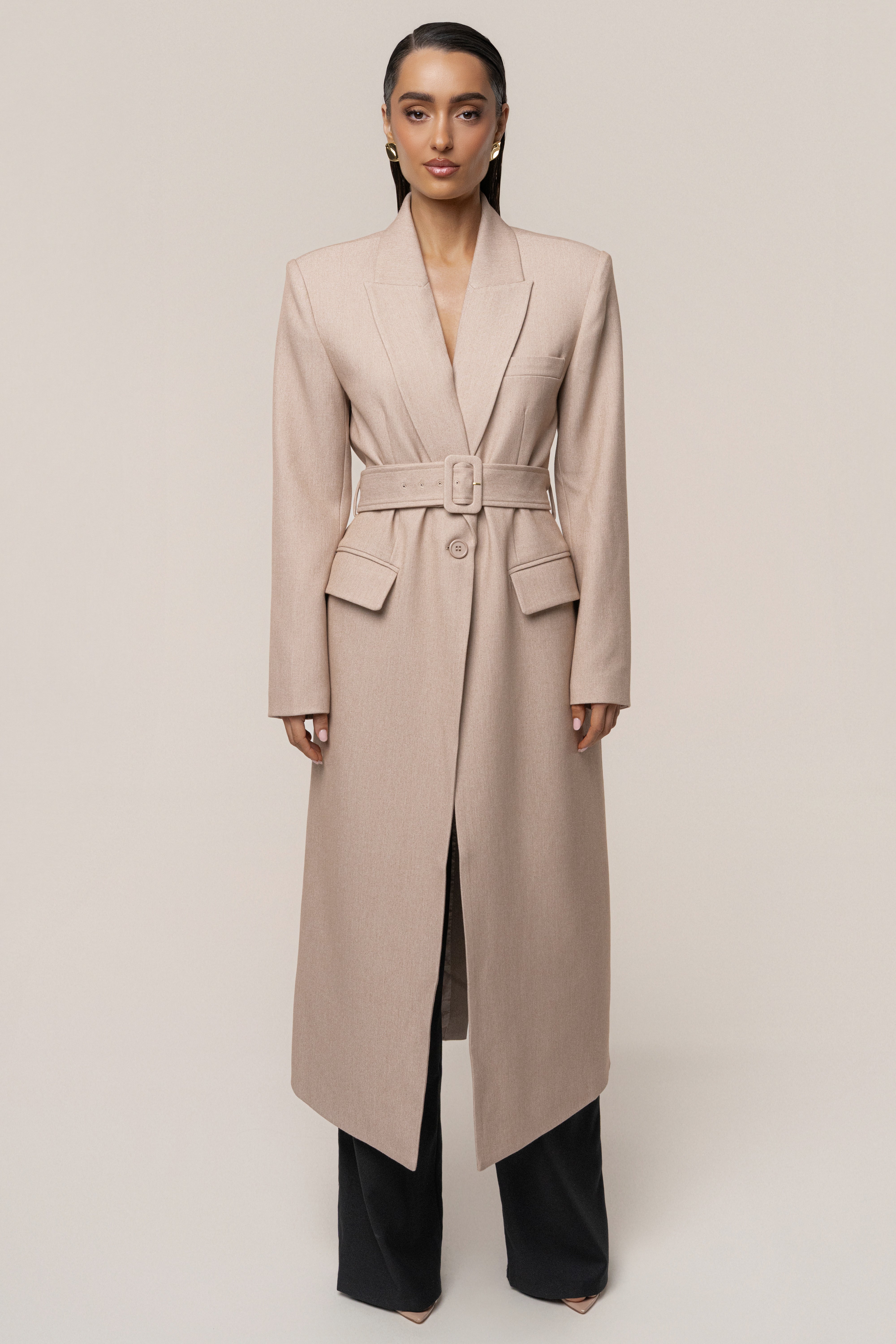 Beige Longline Tailored Coat - JLUXLABEL
