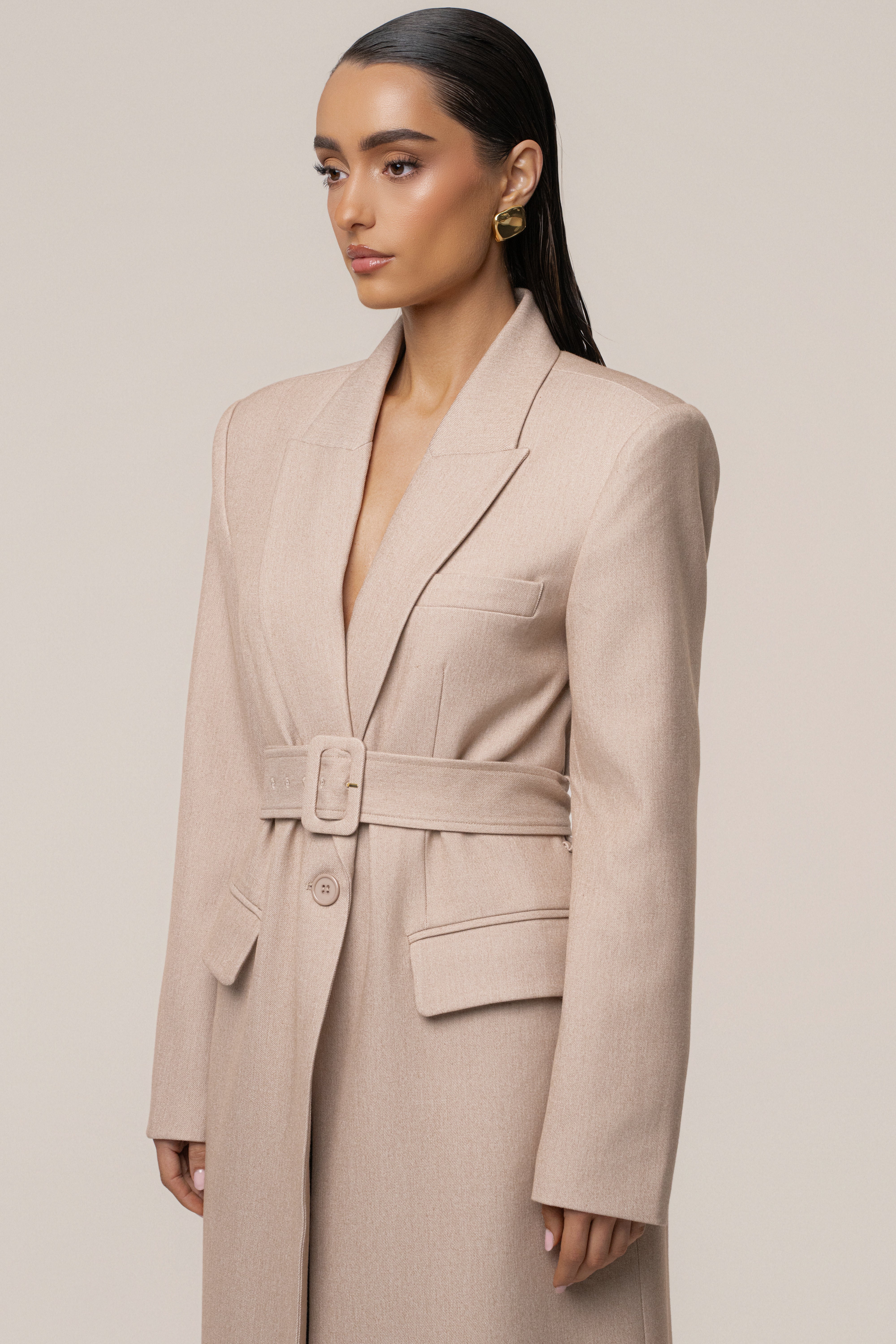 Beige Longline Tailored Coat - JLUXLABEL