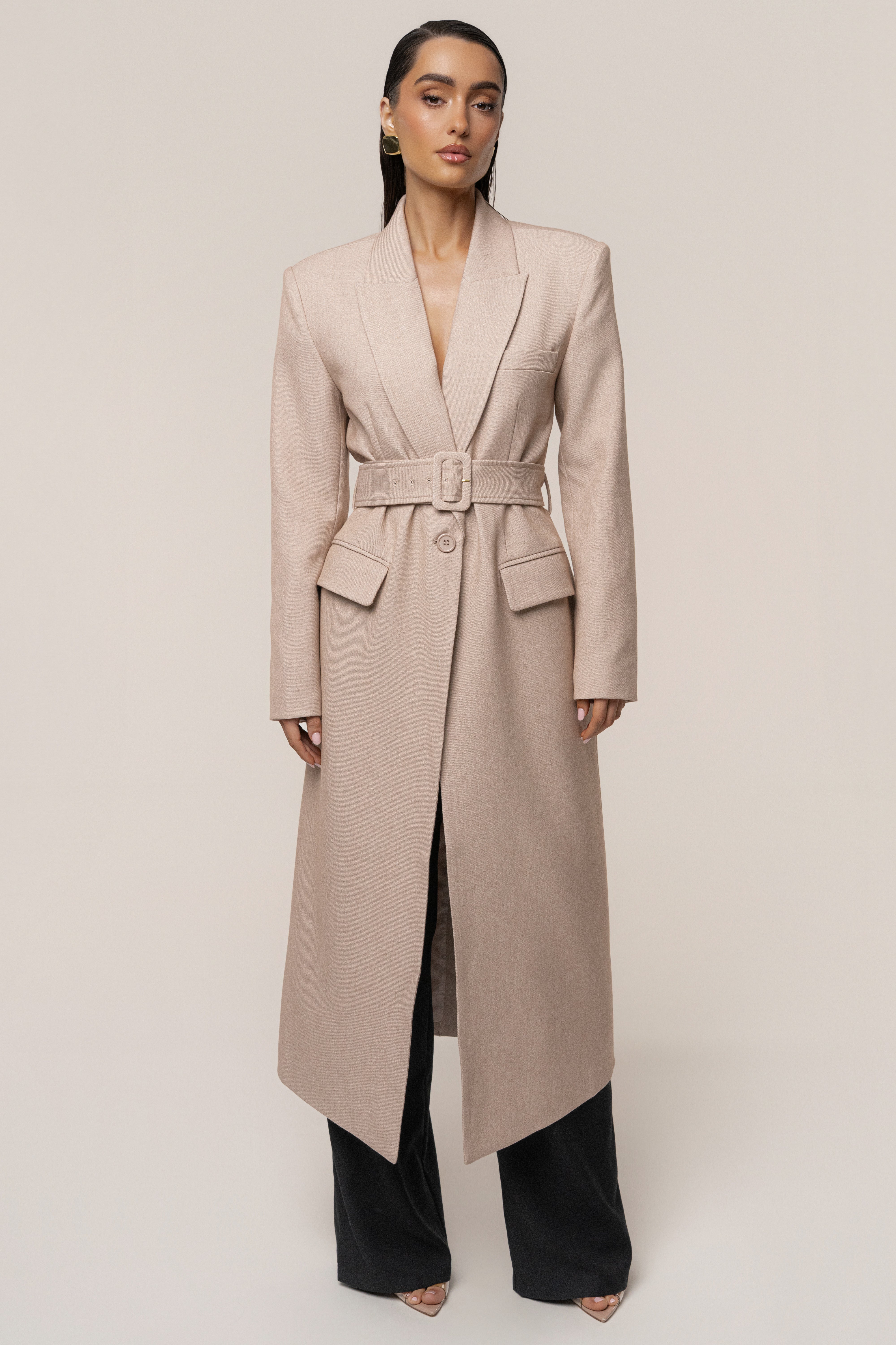 Beige Longline Tailored Coat - JLUXLABEL