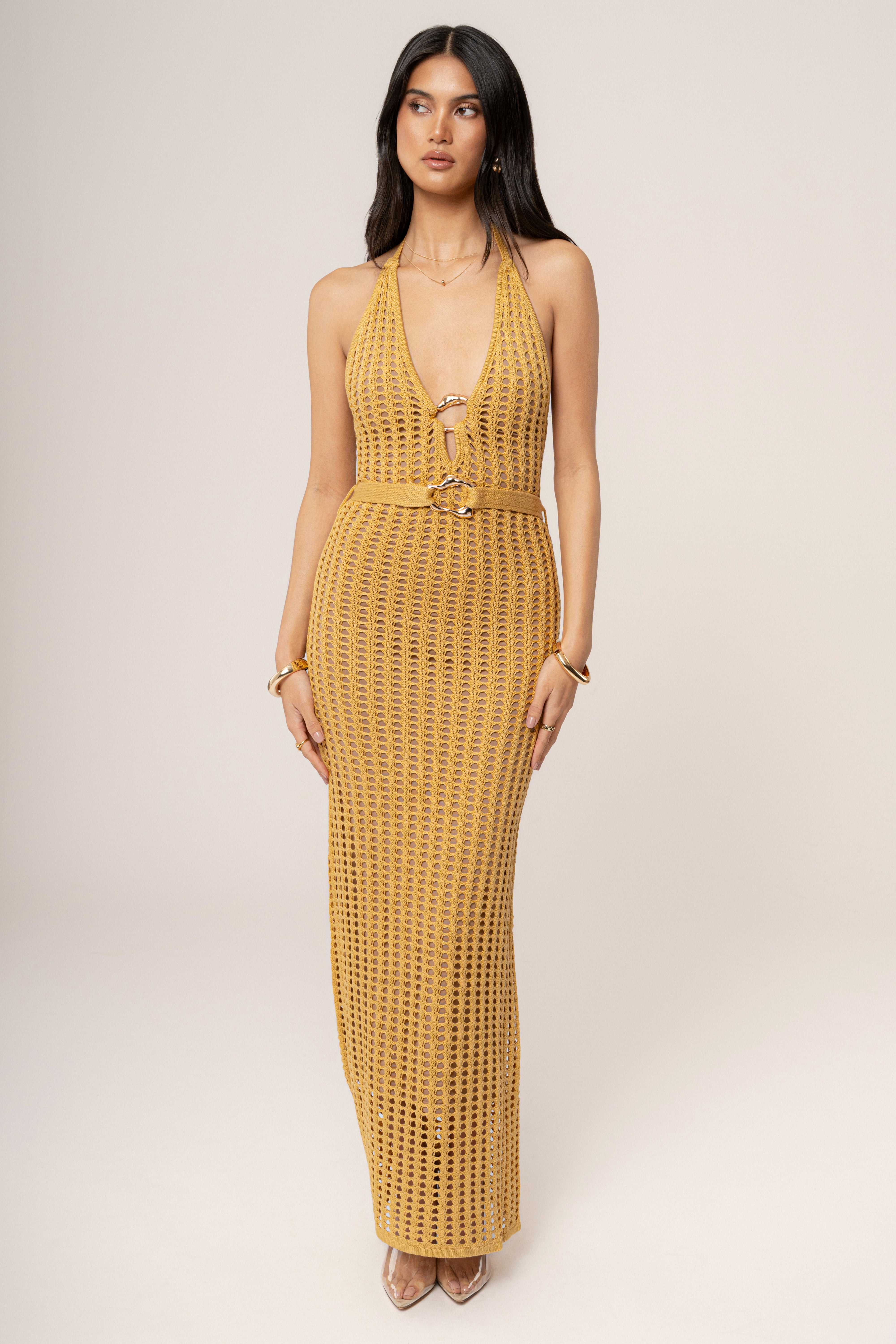 crochet gold dress Yellow Oceanic Dream Crochet Maxi Dress