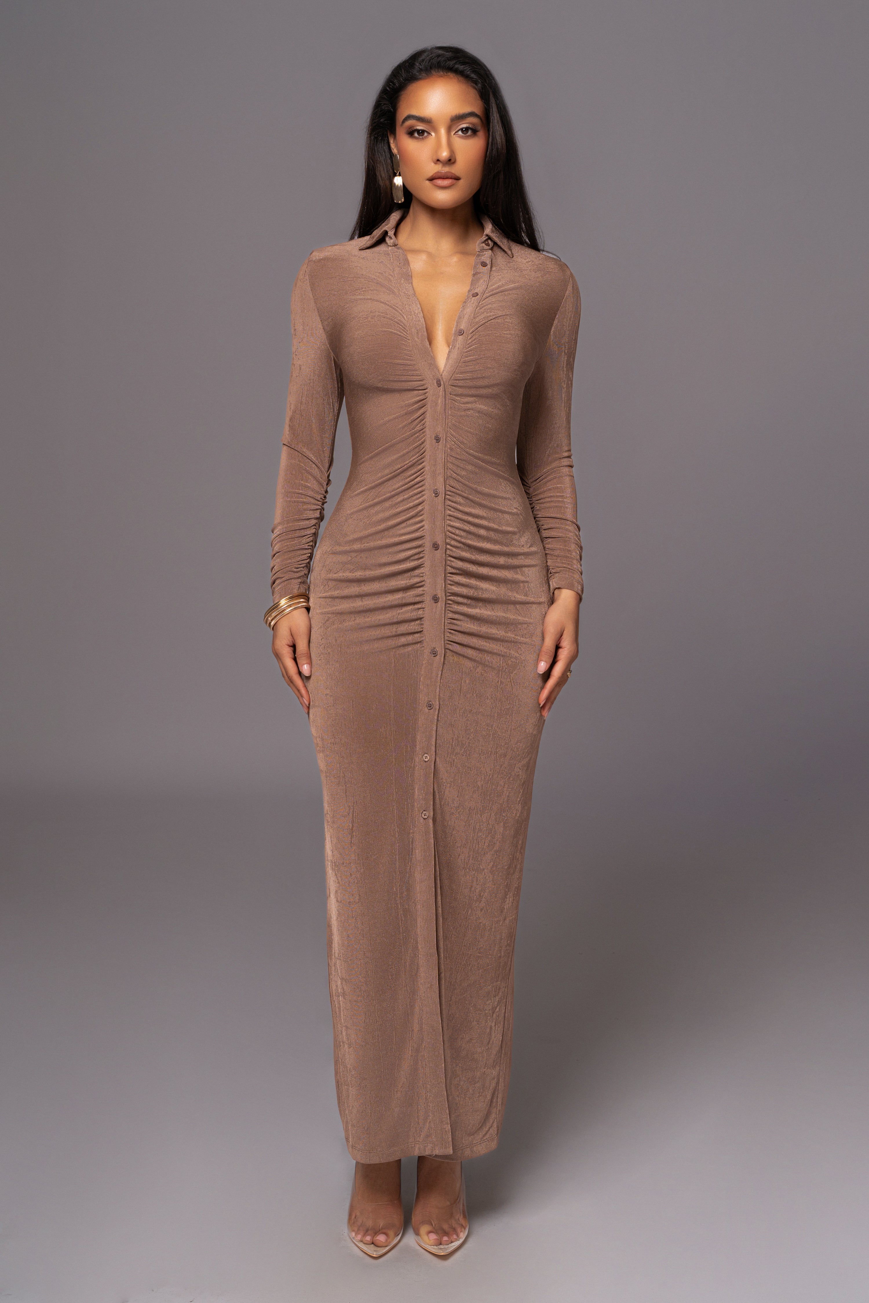 Taupe Zahra Button Front Maxi Dress - JLUXLABEL