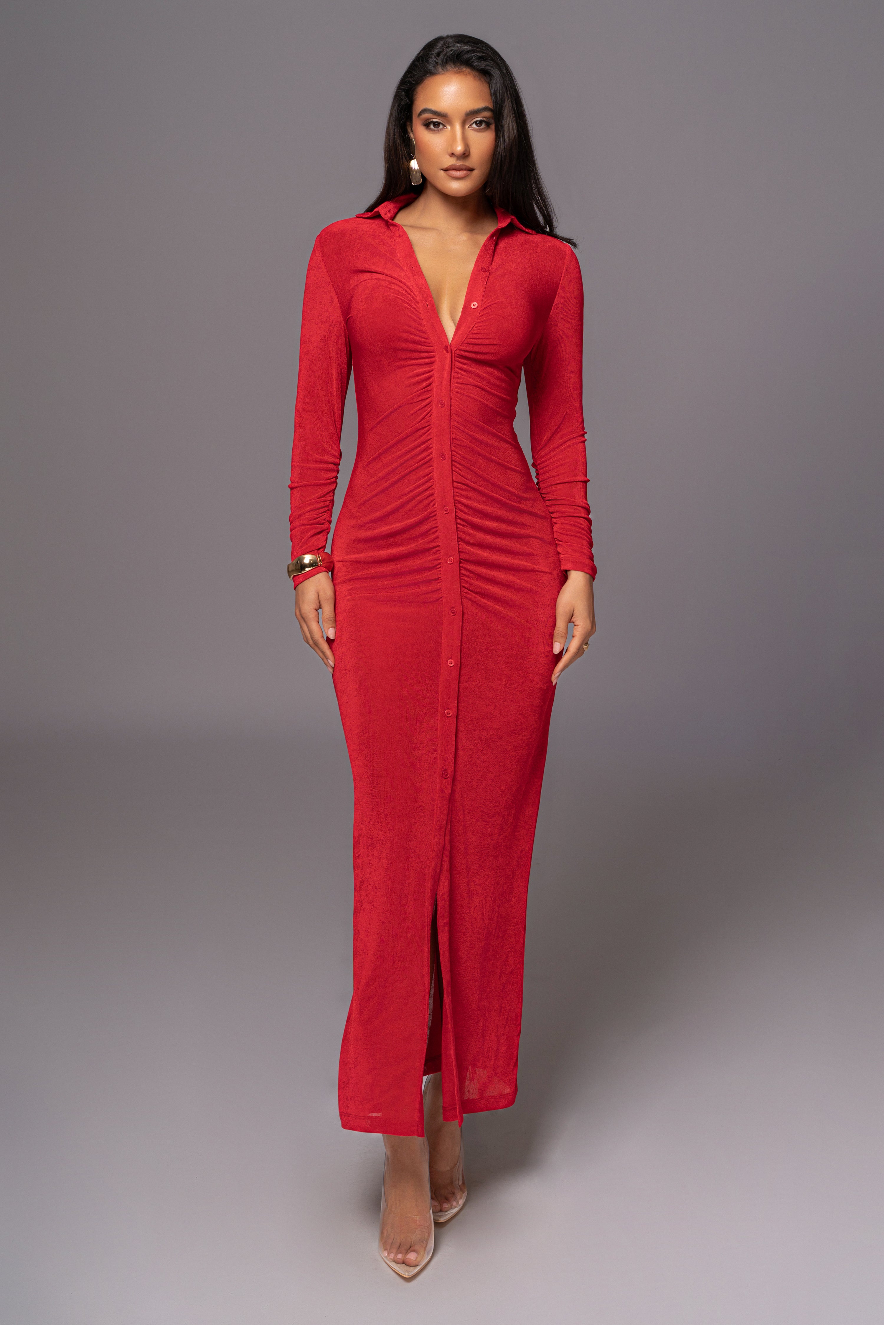 Red Zahra Button Front Maxi Dress - JLUXLABEL