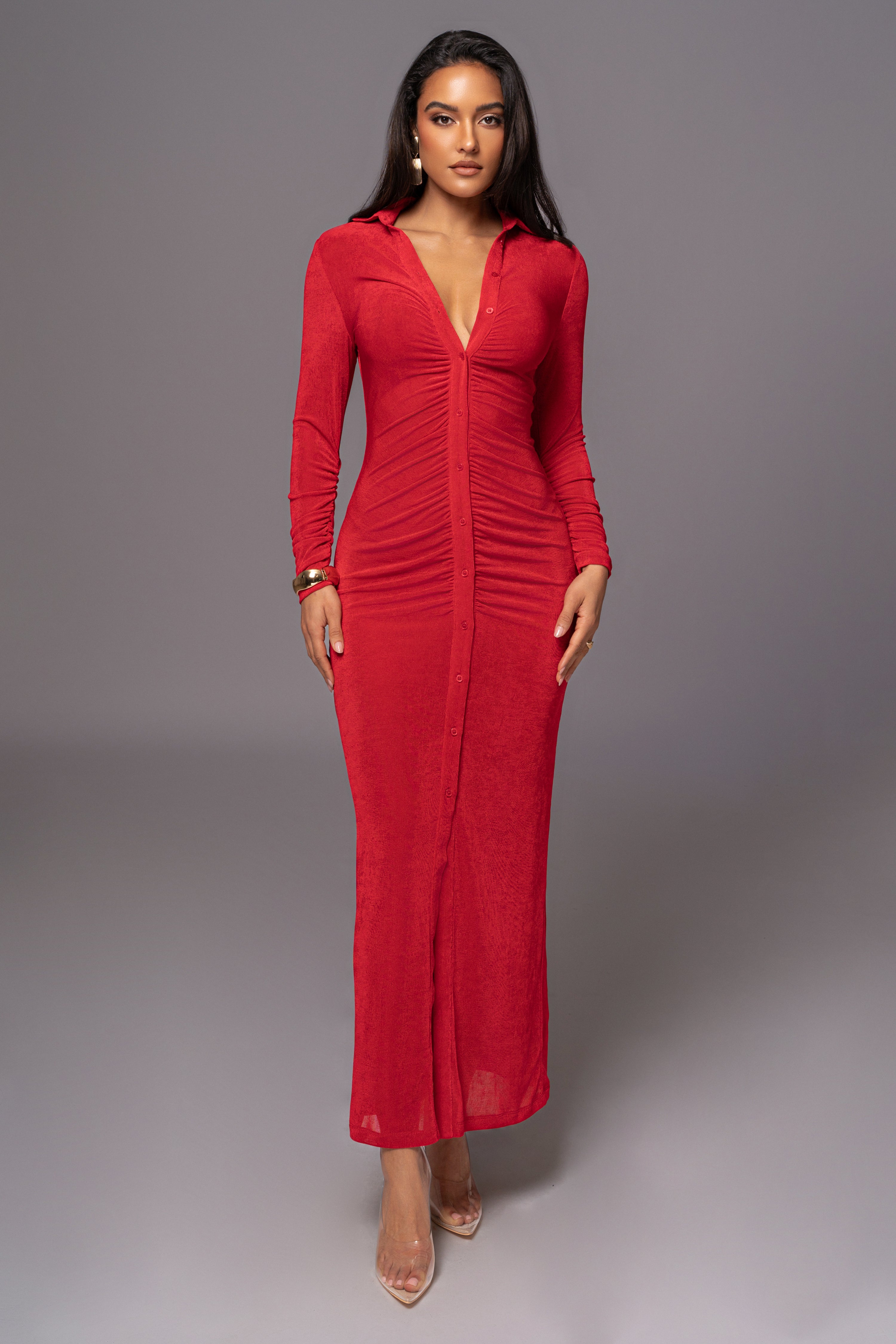 Red Zahra Button Front Maxi Dress - JLUXLABEL