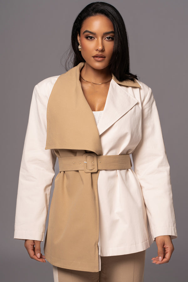 Ivory Color Block Summit Belted Jacket - JLUXLABEL