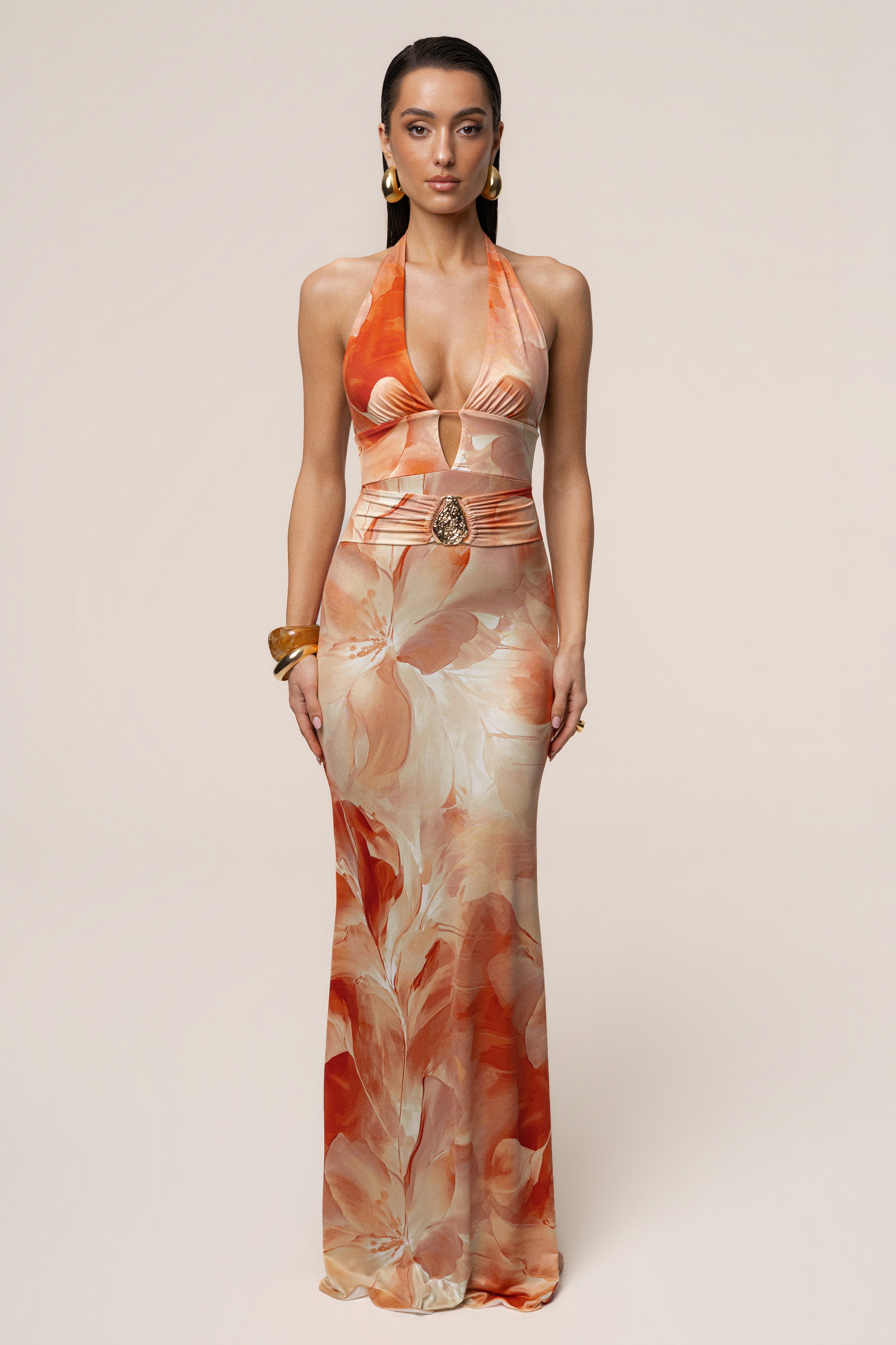 Orange Floral Blossom Print Maxi Dress - JLUXLABEL