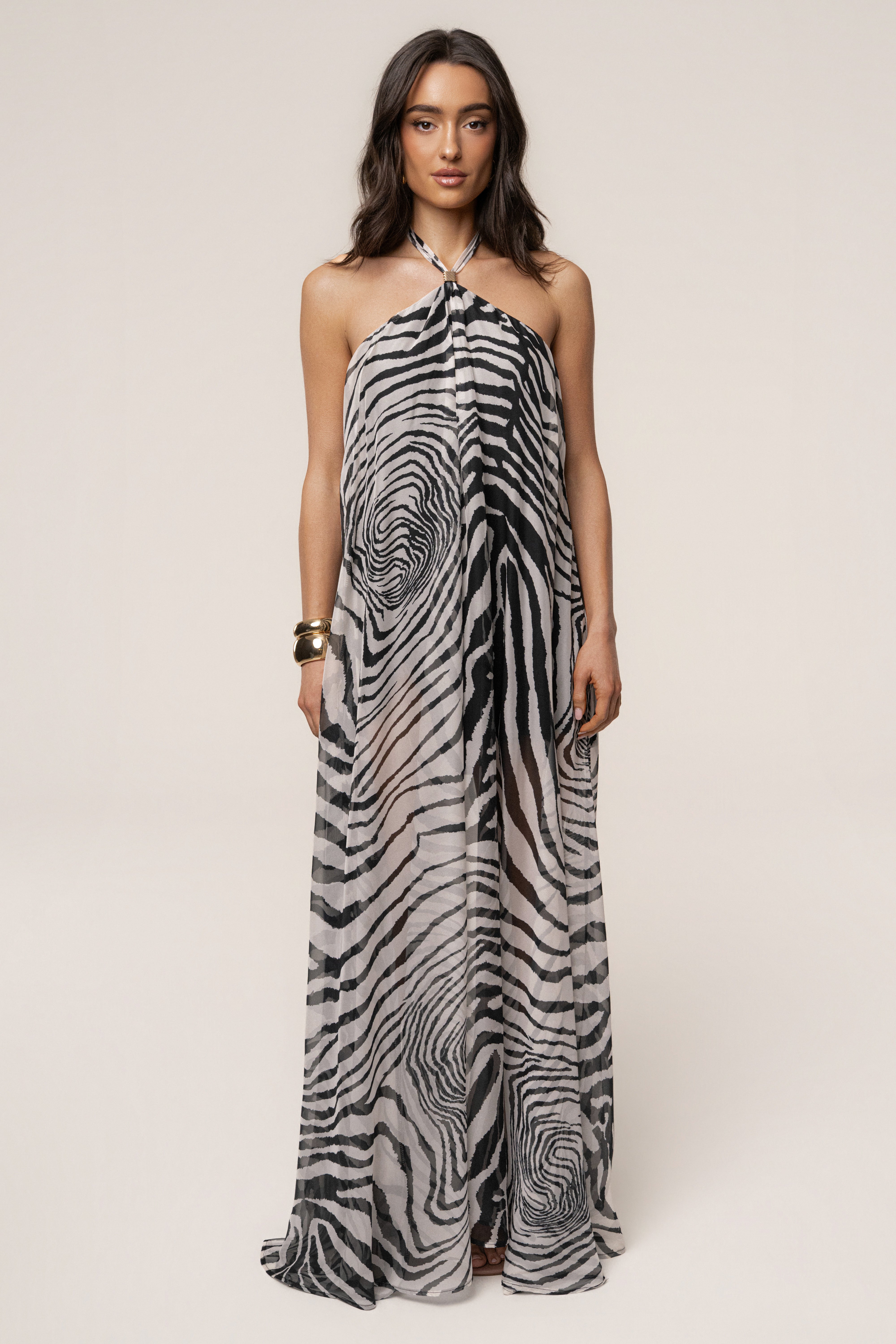 Zebra Print Halter Dress | Jolene Maxi with Gold Ring Detail